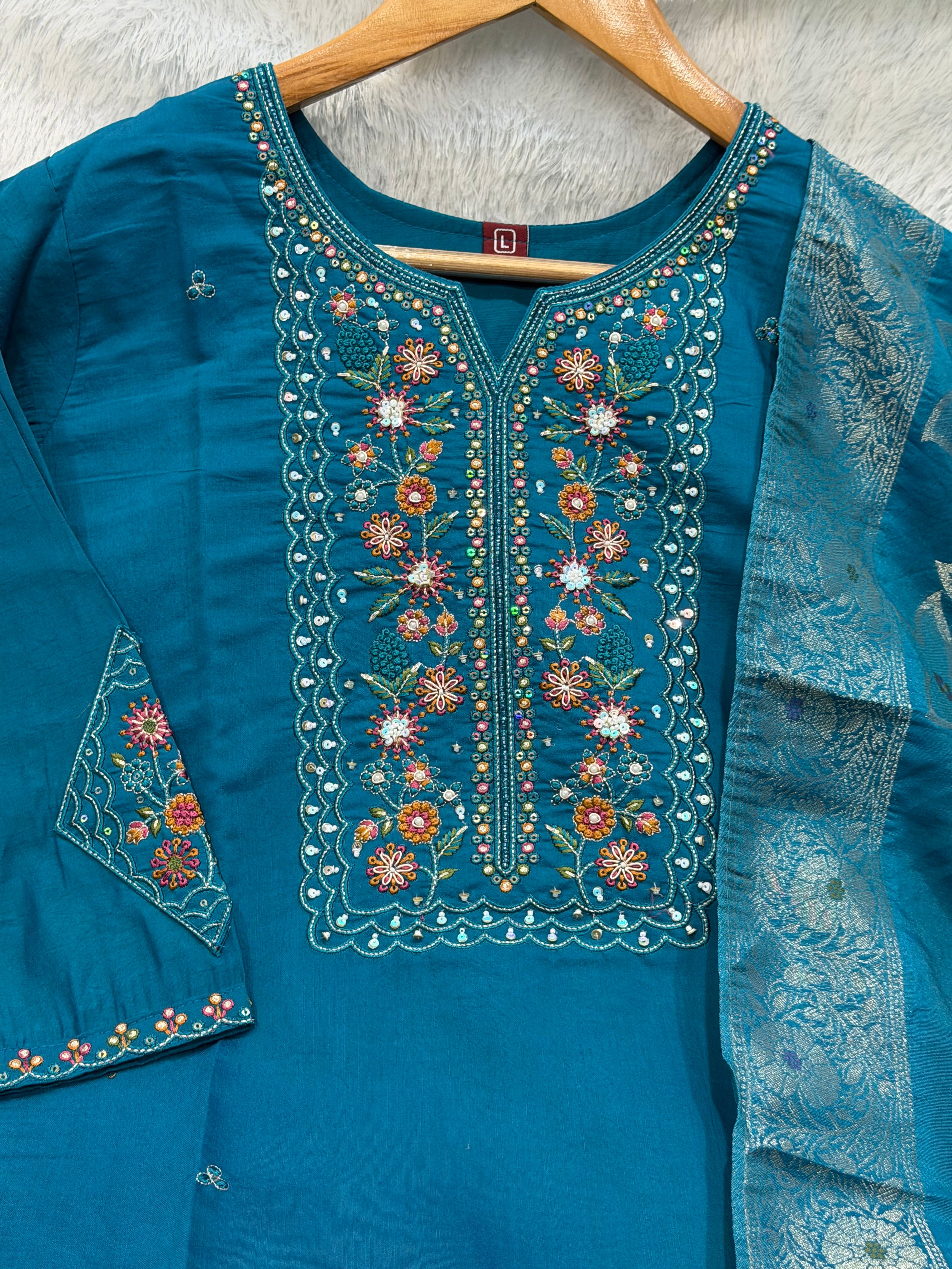 Pure Viscose Mango Silk Embroidered Straight Kurti Set – Firozi