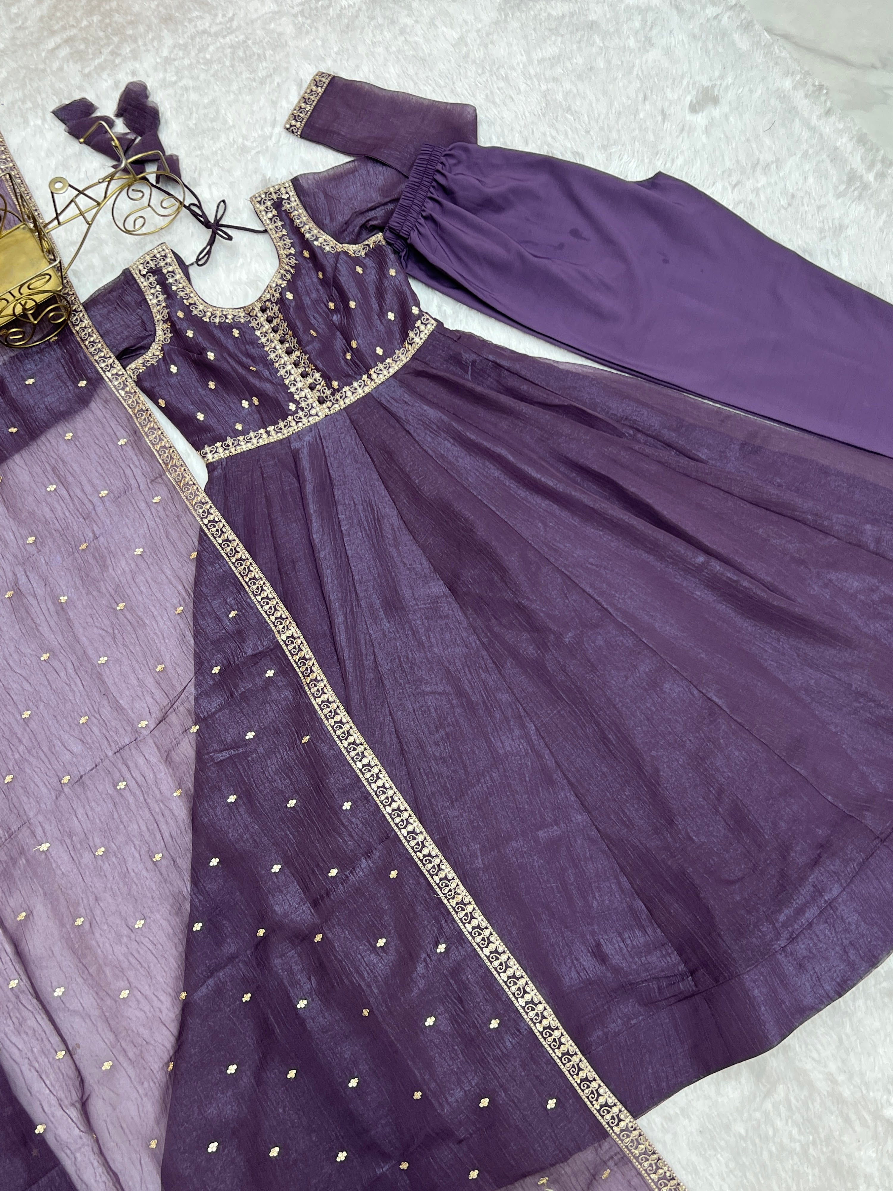 Crunchy Silk Embroidered Gown Set – Purple