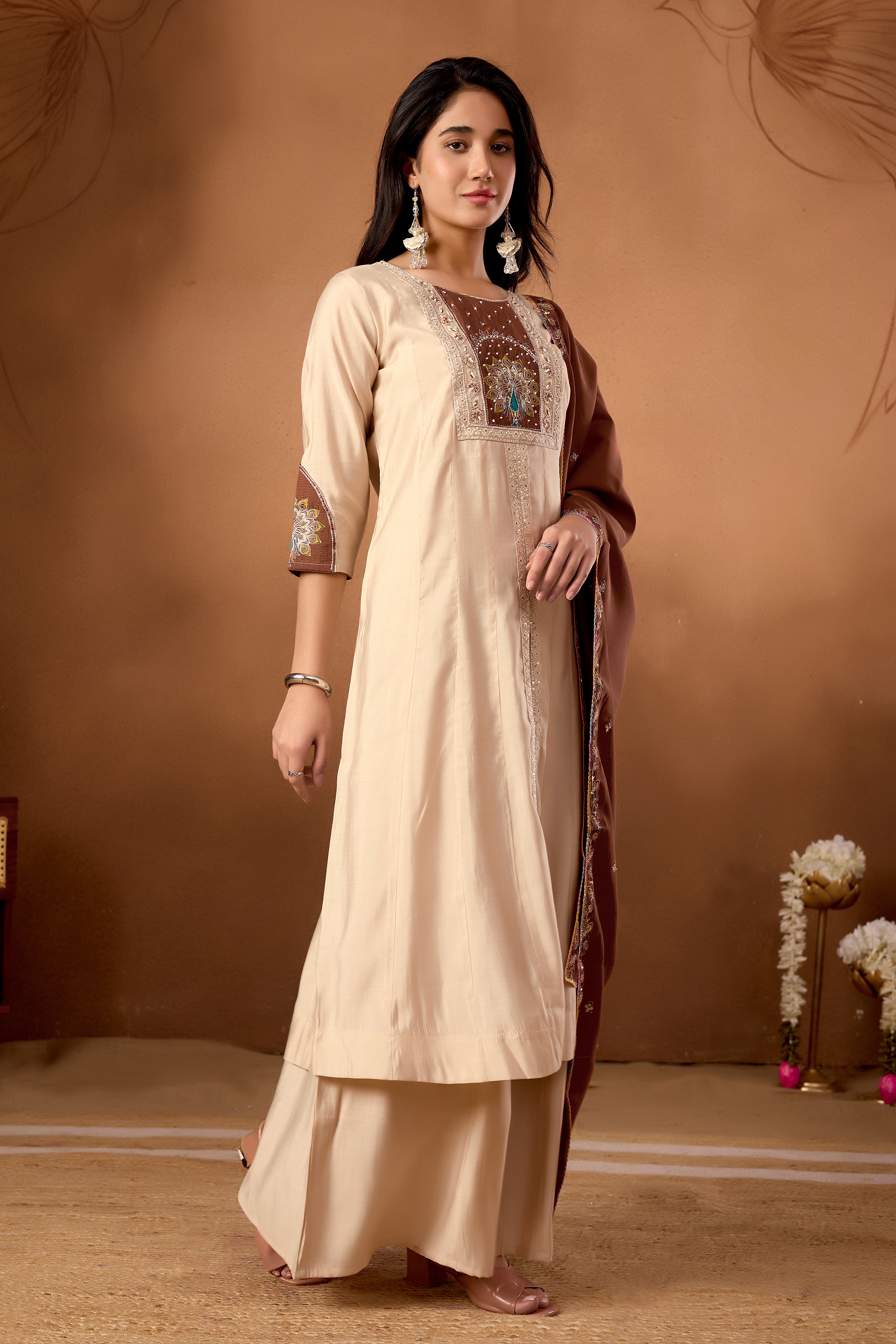 Roman Silk Embroidered Anarkali Kurti Set – Cream