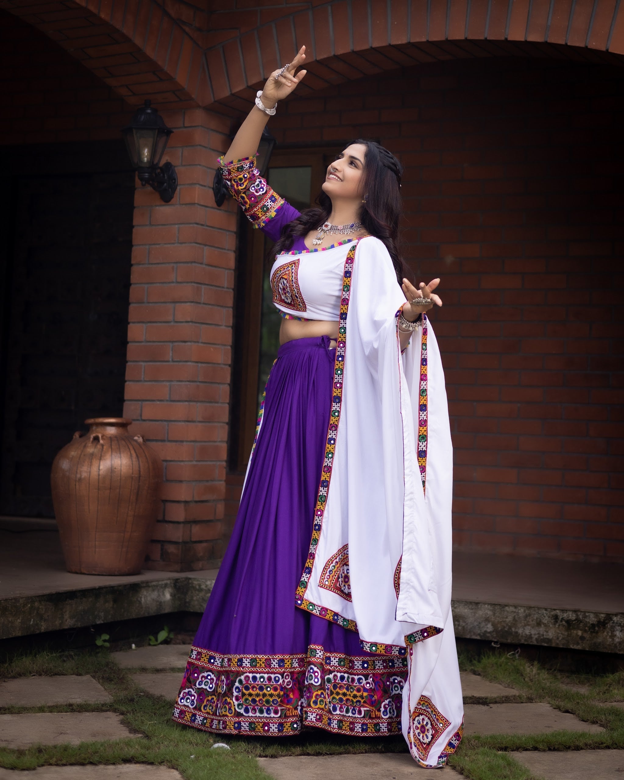 Navratri Purple White Arches Patch Work Lehenga Set