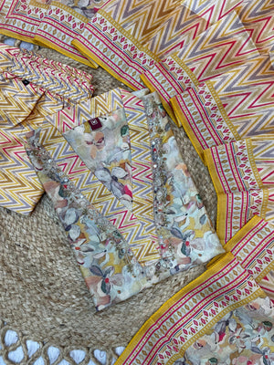 Zarna Silk Embroidered Straight Kurti Set – Ivory Yellow