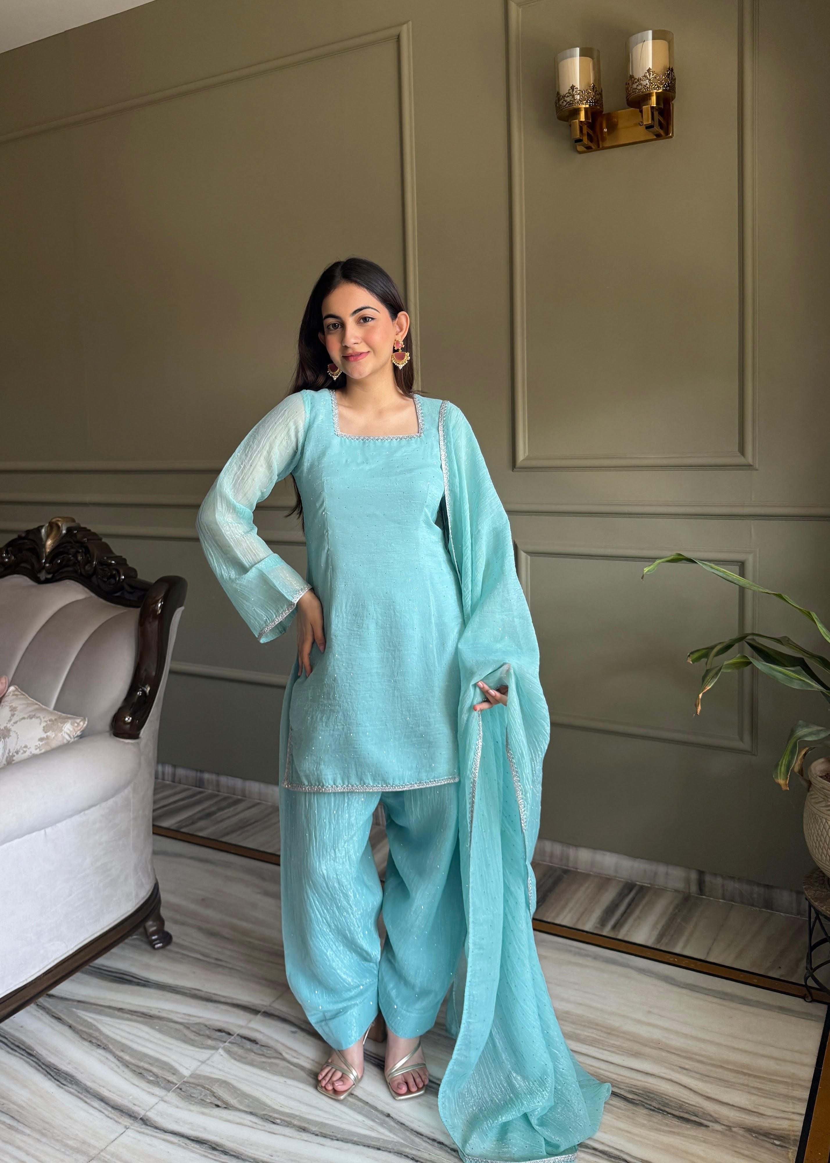Crunchy Silk Embroidered Farshi Salwar Set – Sky