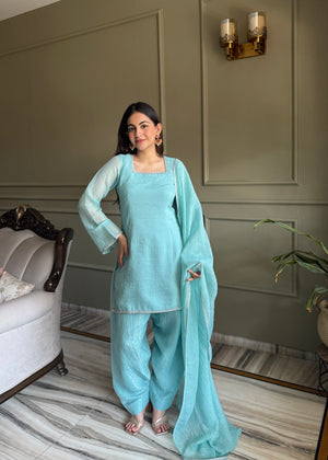 Crunchy Silk Embroidered Farshi Salwar Set – Sky