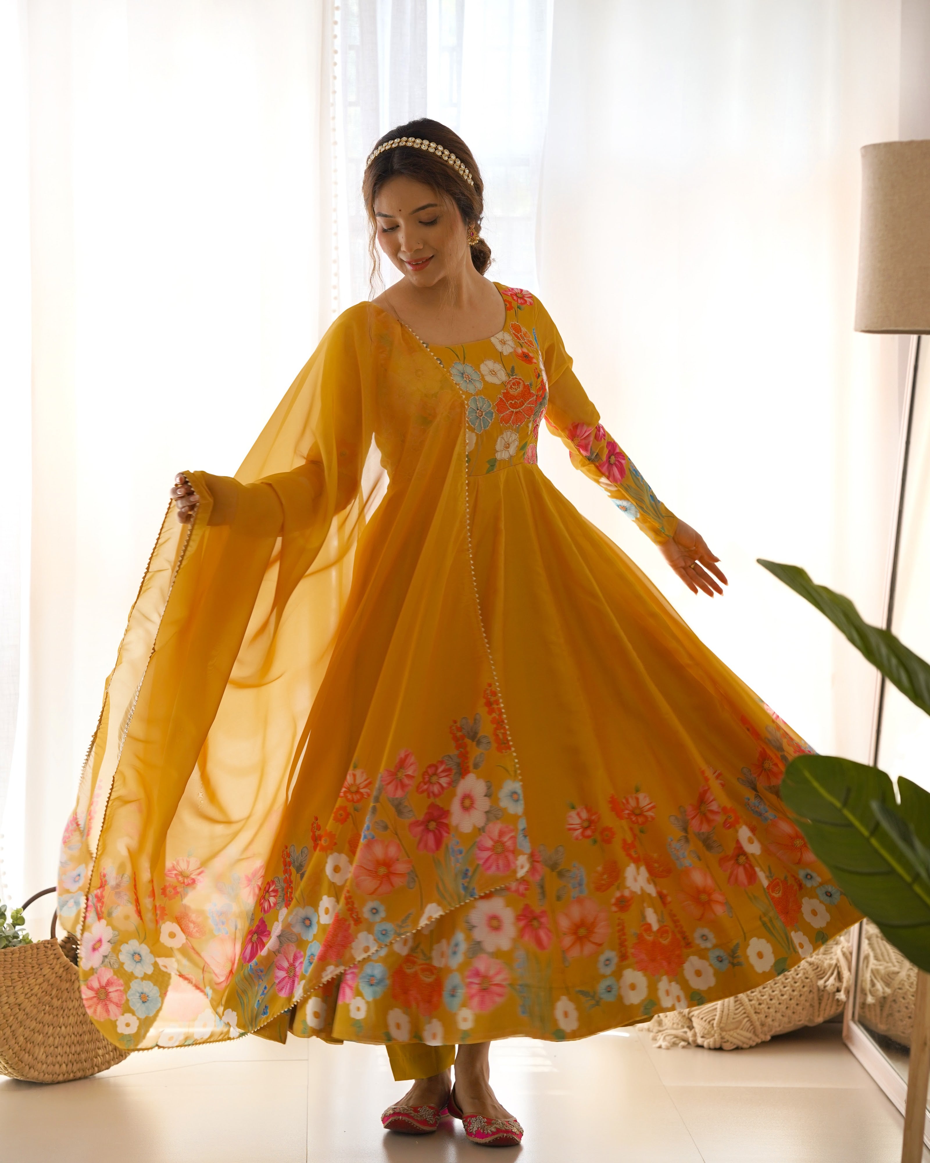 Organza Silk Printed Anarkali Set – Yellow
