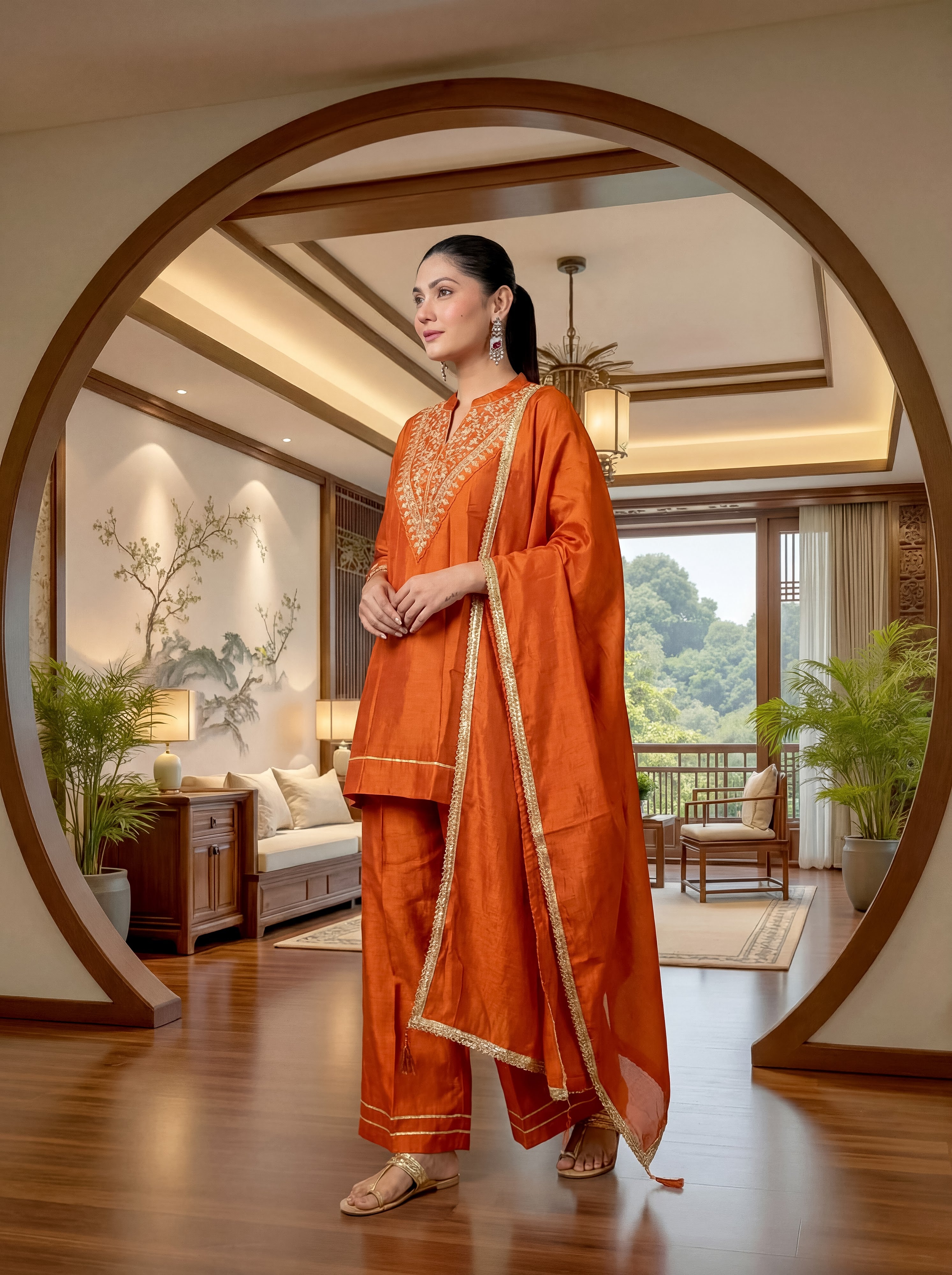 Cp Vichitra Silk Embroidered Kurta Pant Dupatta Set – Rust Orange