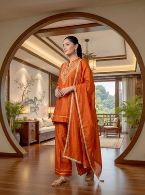 Cp Vichitra Silk Embroidered Kurta Pant Dupatta Set – Rust Orange