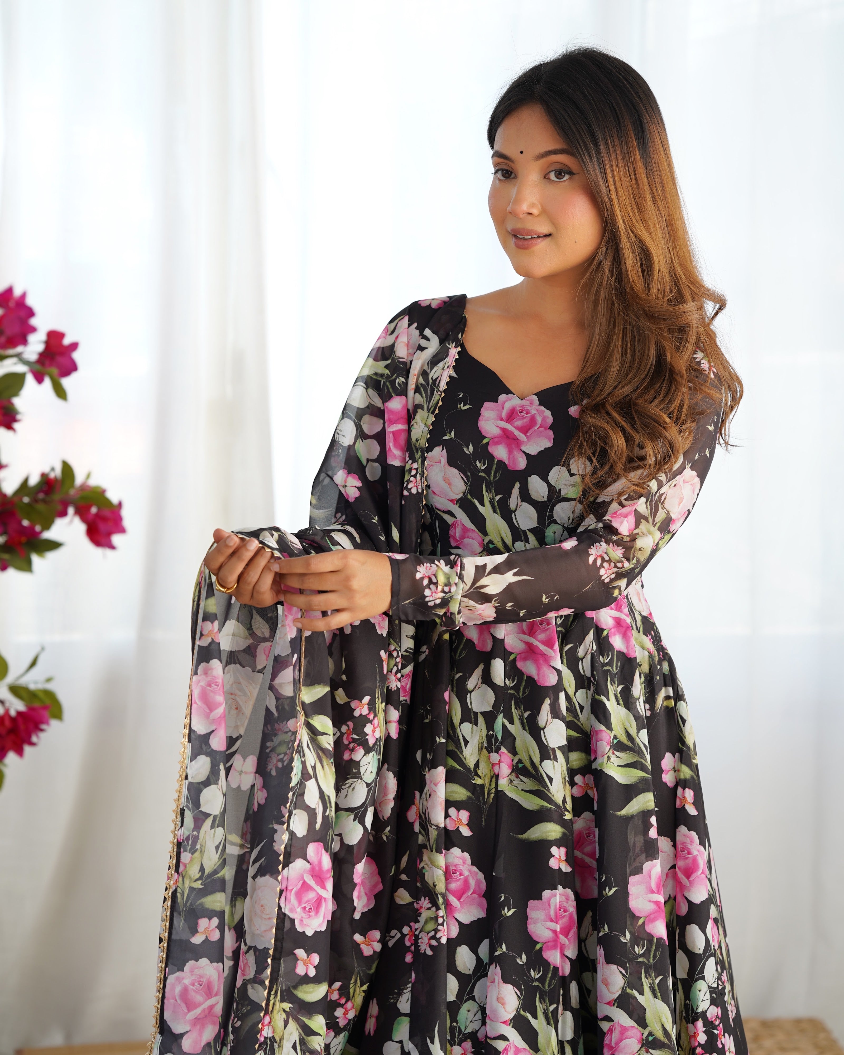 Organza Silk Printed Anarkali Set – Black