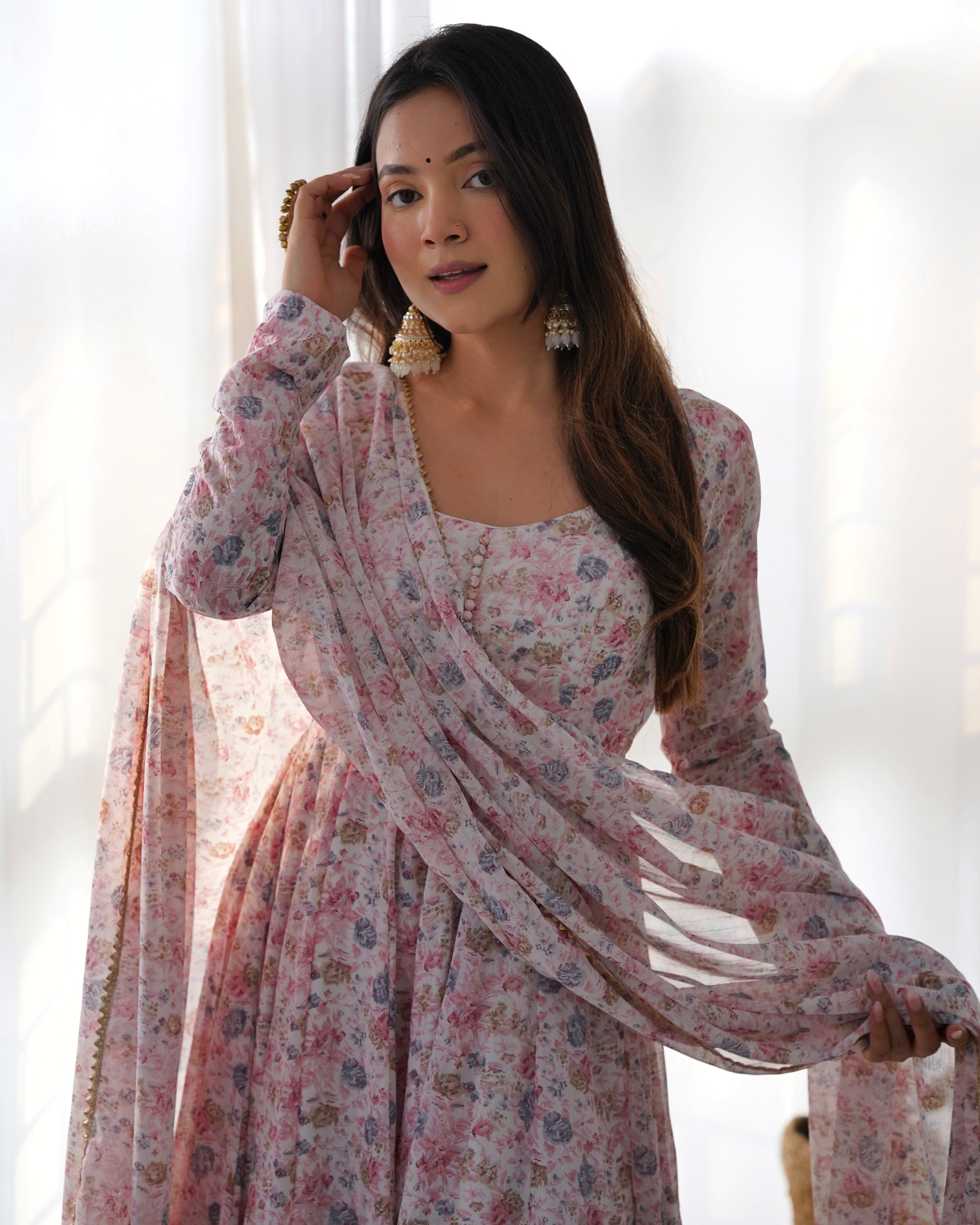 Heavy Orange Chiffon Floral Print Printed Anarkali Set – White Pink