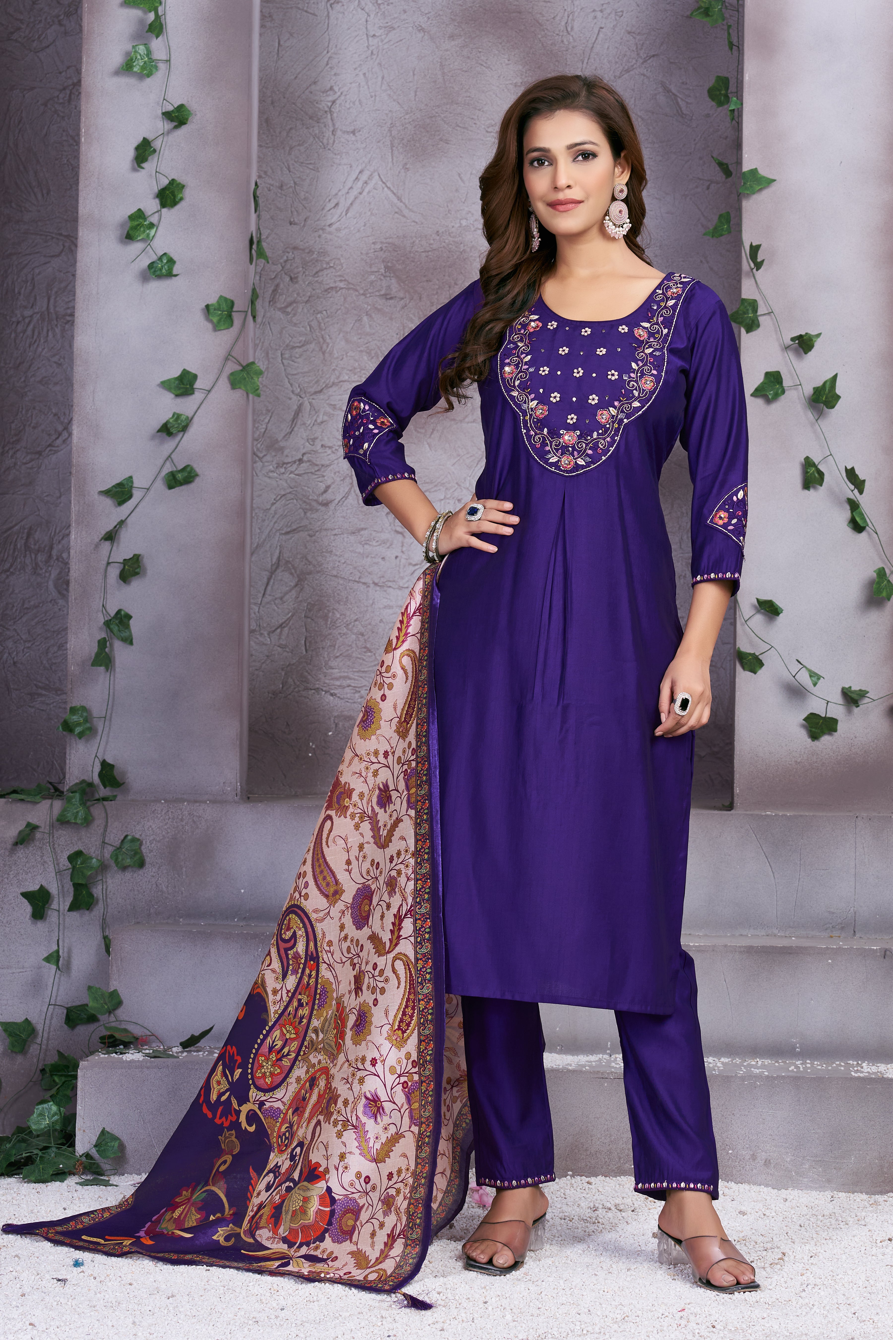 Premium Marina Silk Embroidered Straight Kurti Set – Violet