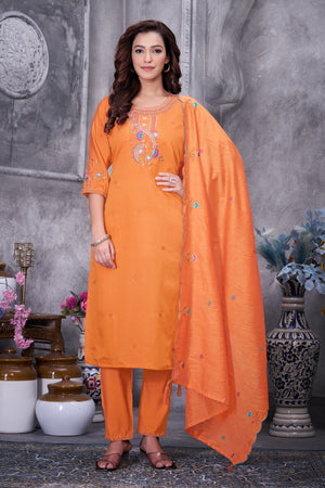 Roman Silk Embroidered Straight Kurti Set – Orange