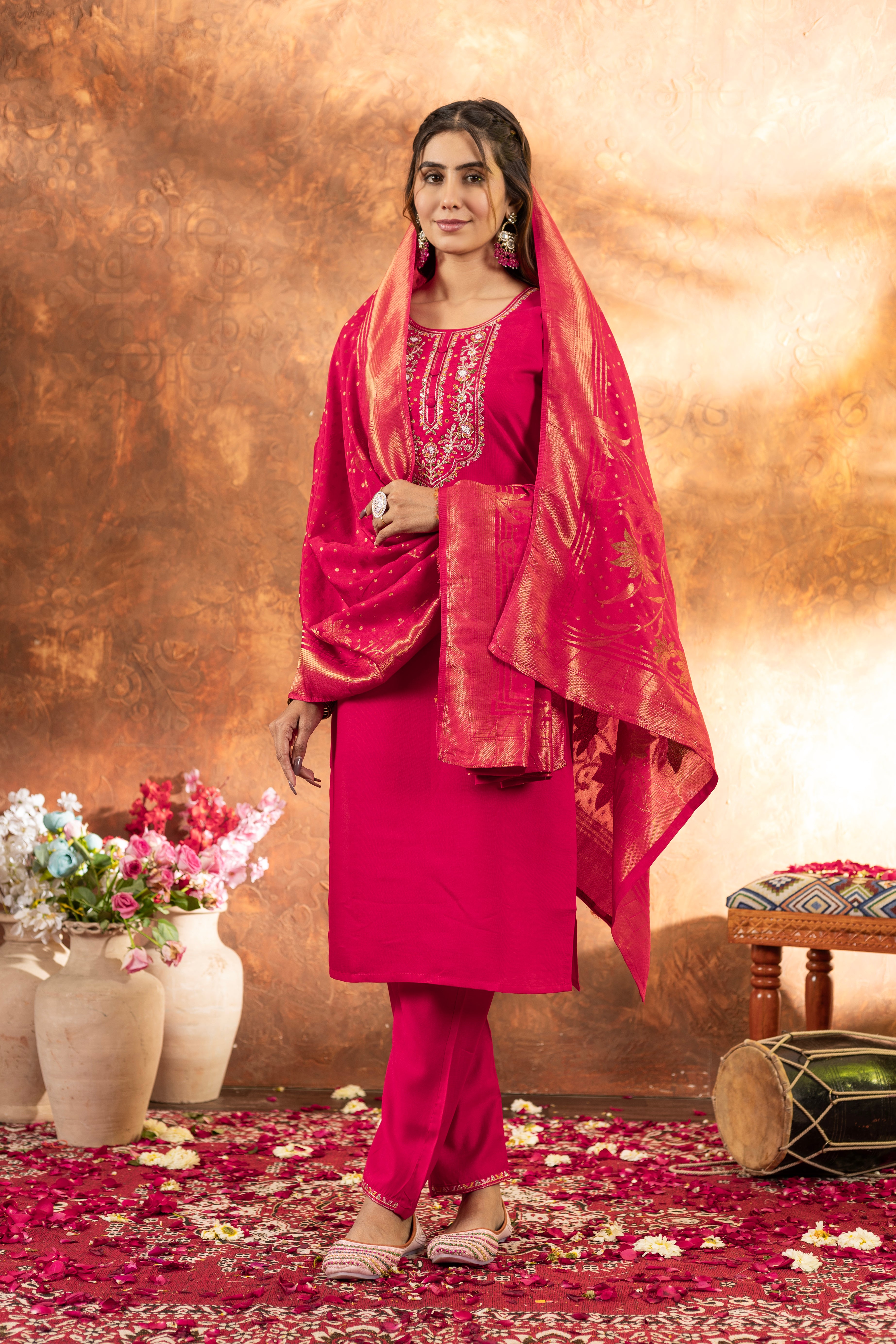 Marina Silk Embroidered Straight Kurti Set – Pink