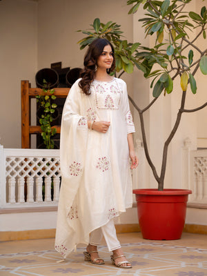 Pure Viscose Mango Silk Embroidered Straight Kurti Set – White