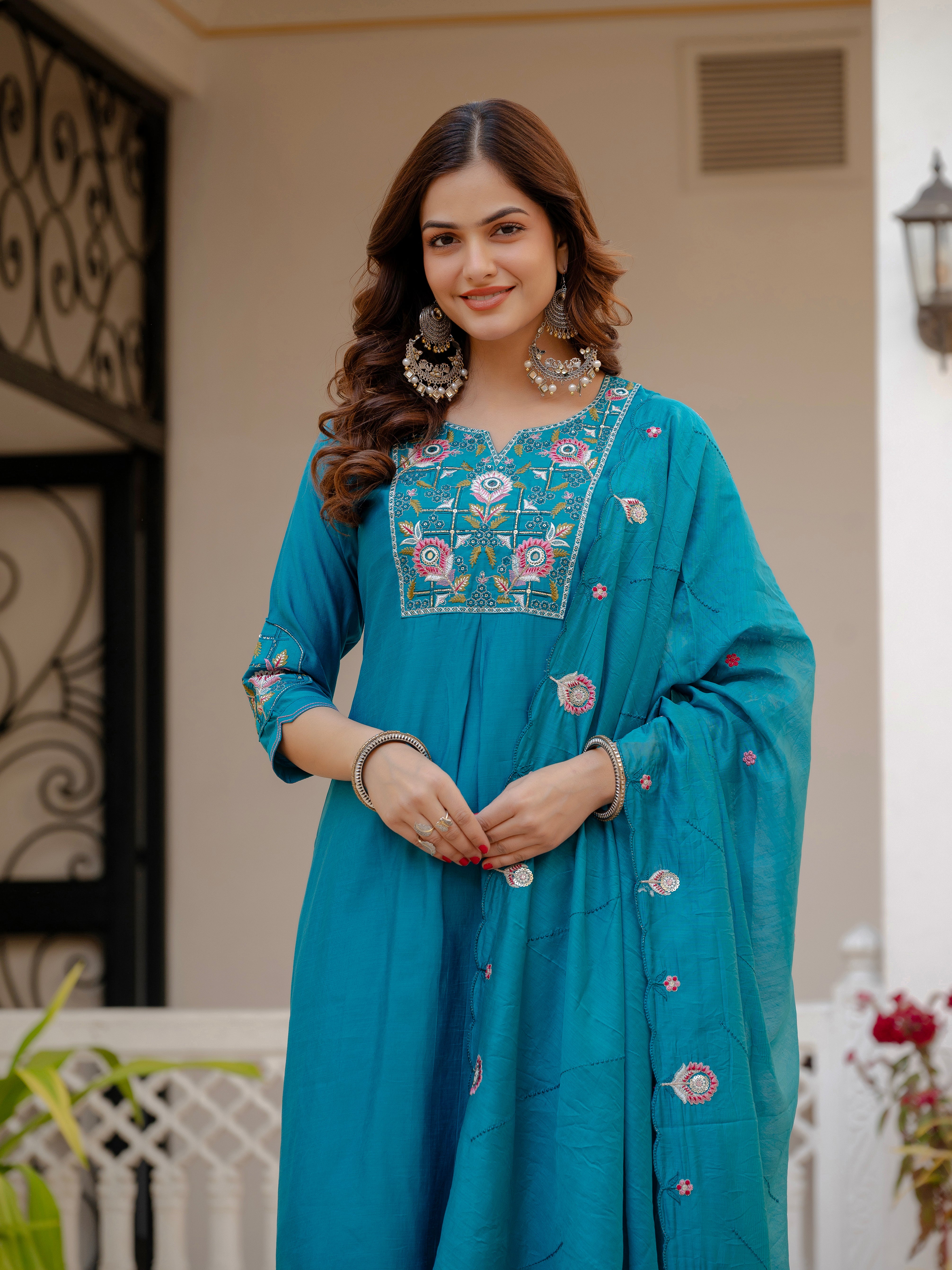 Pure Viscose Mango Silk Embroidered Straight Kurti Set – Firozi