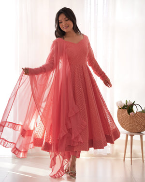 Georgette Embroidered Anarkali Set – Peach