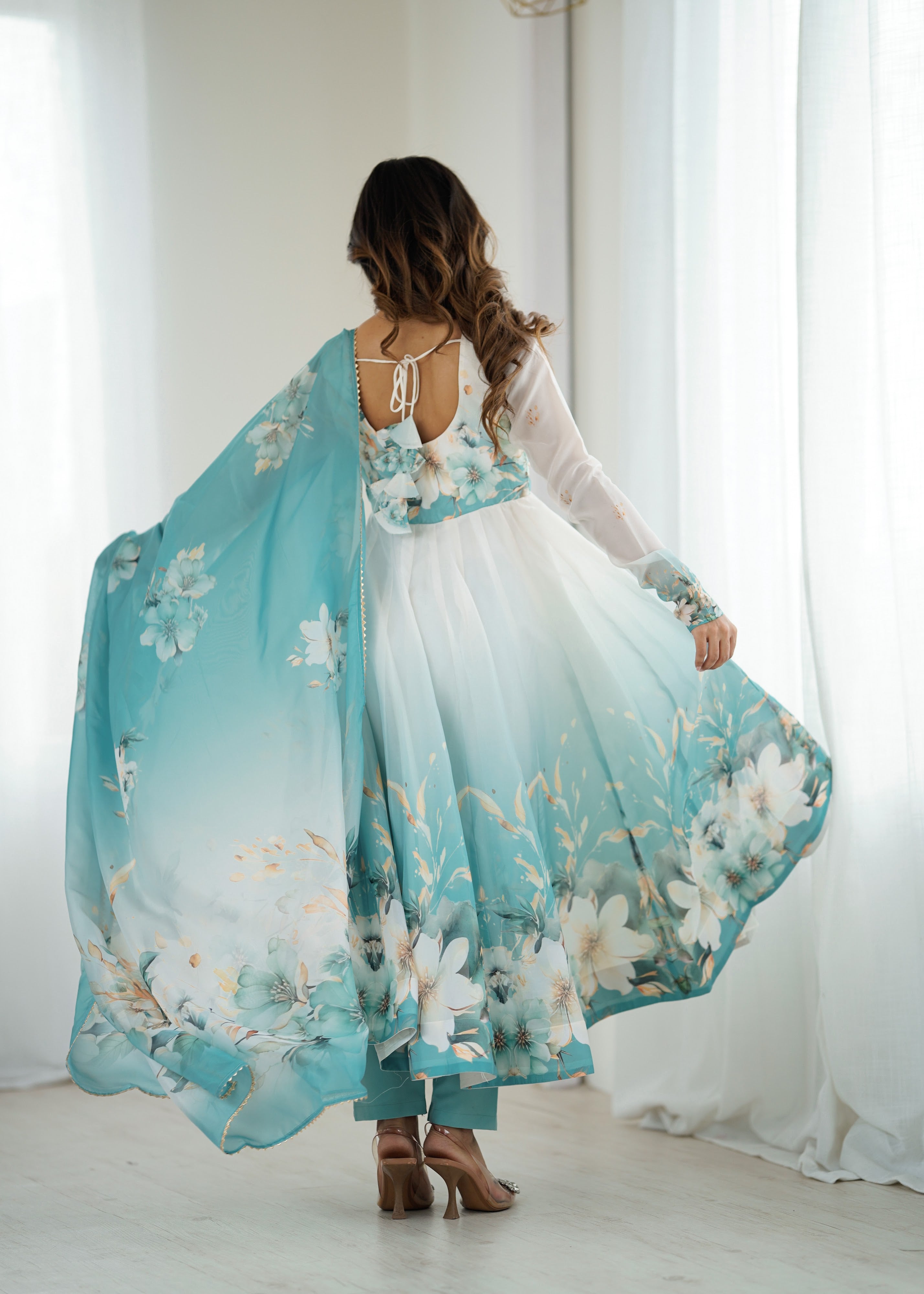 Organza Silk Printed Anarkali Set – Aqua Blue