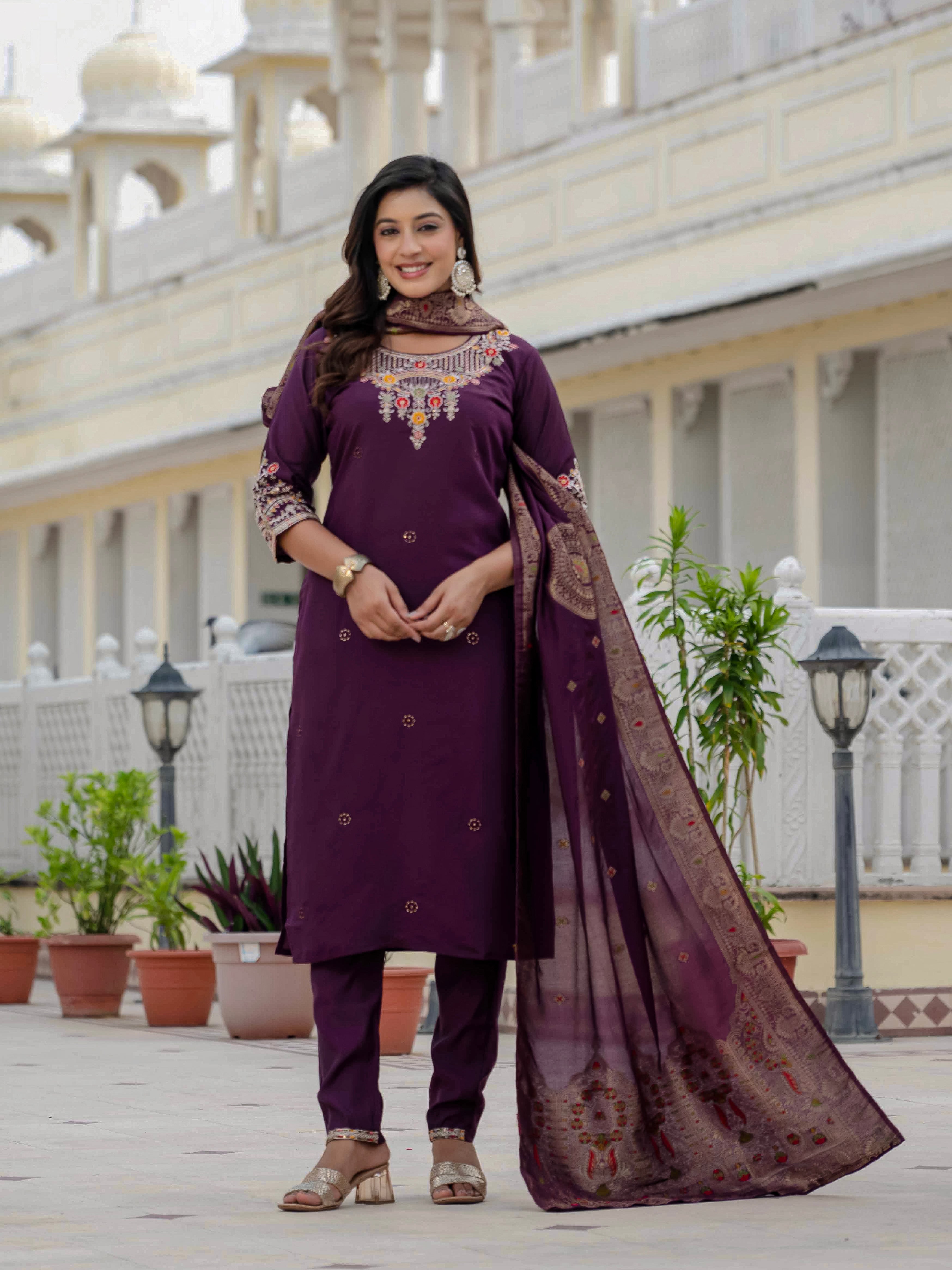 Premium Roman Silk Embroidered Straight Kurti Set – Wine