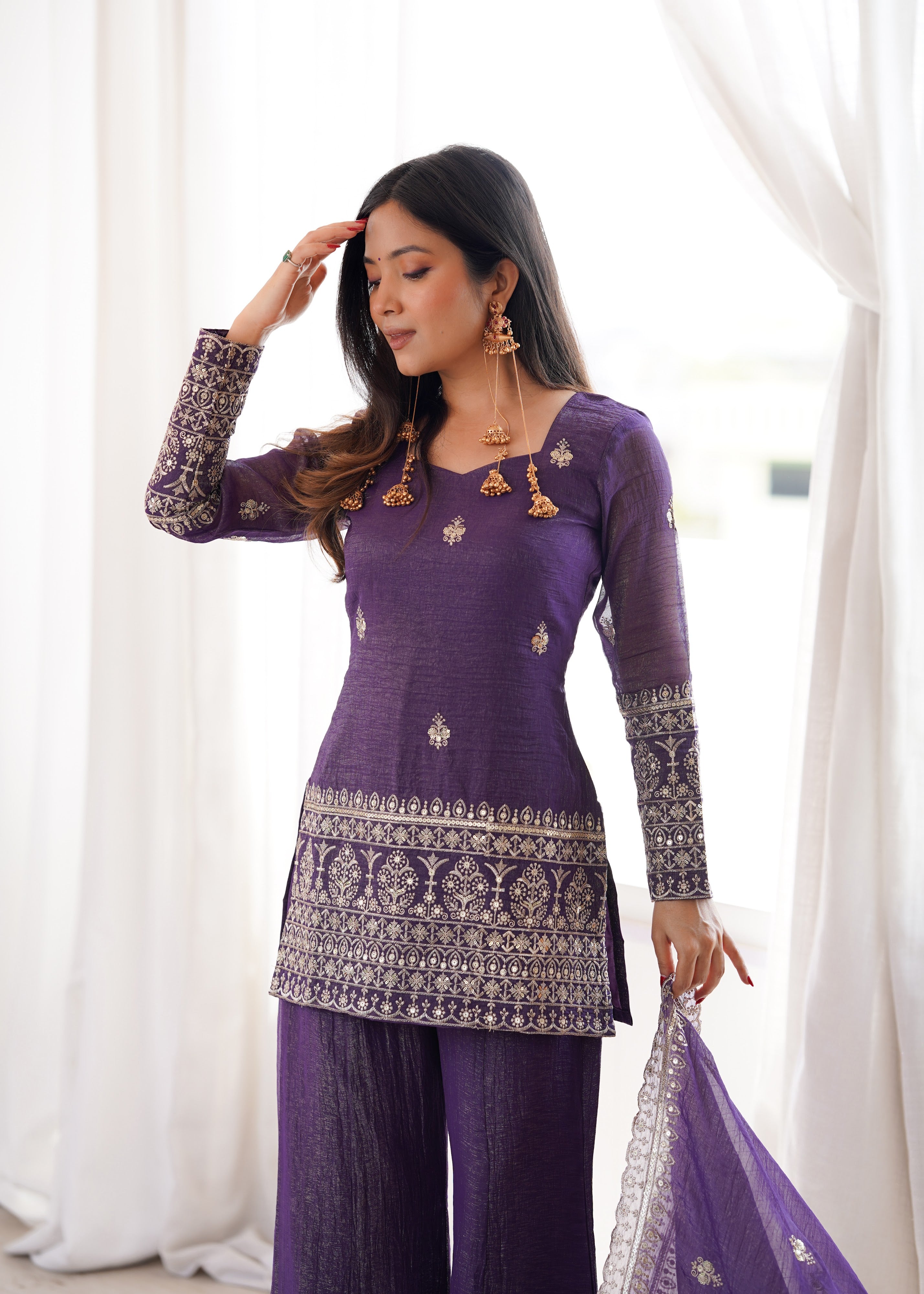 Crunchy Silk Embroidered Bell Bottom Set – Purple