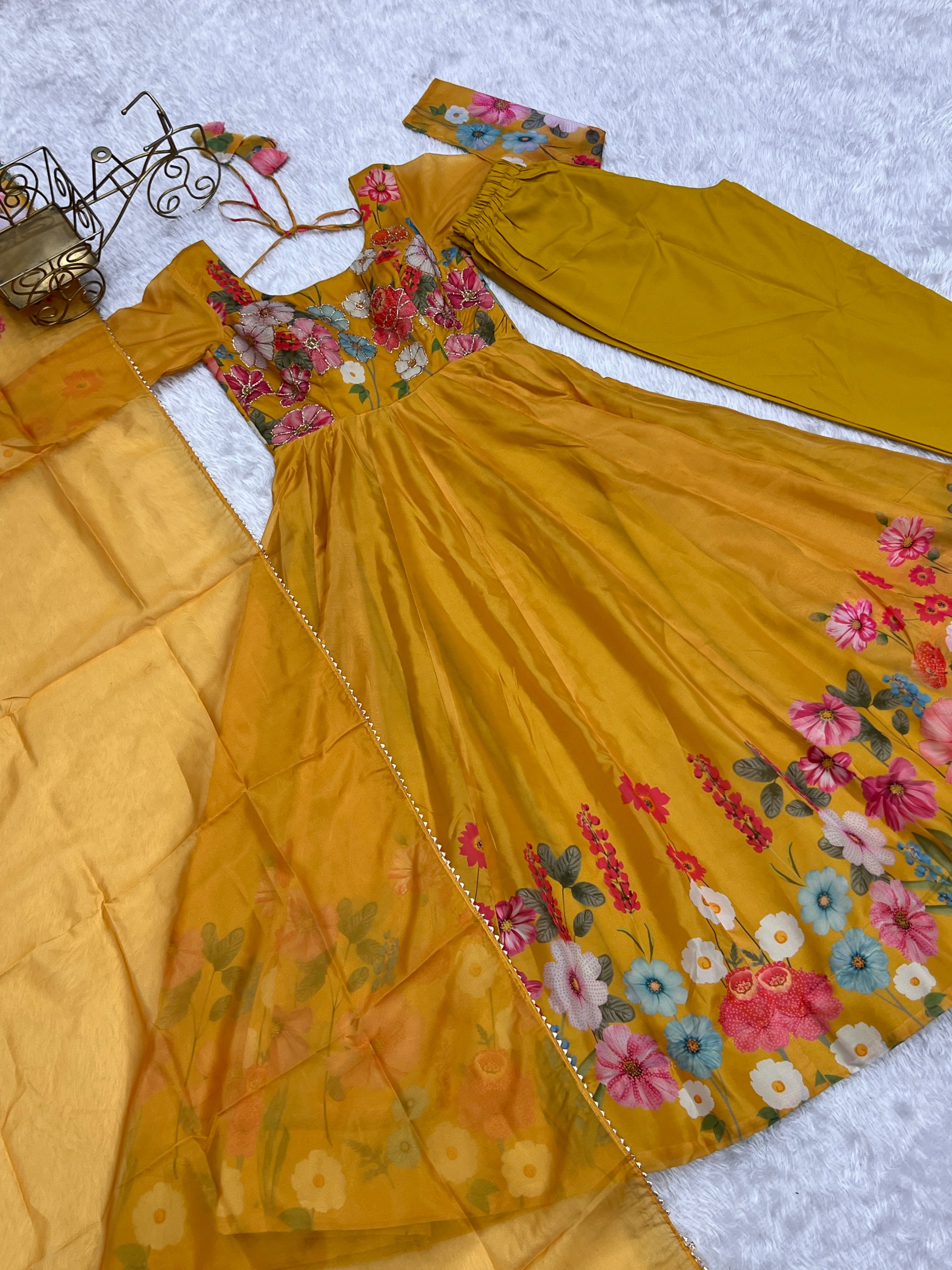 Organza Silk Printed Anarkali Set – Yellow