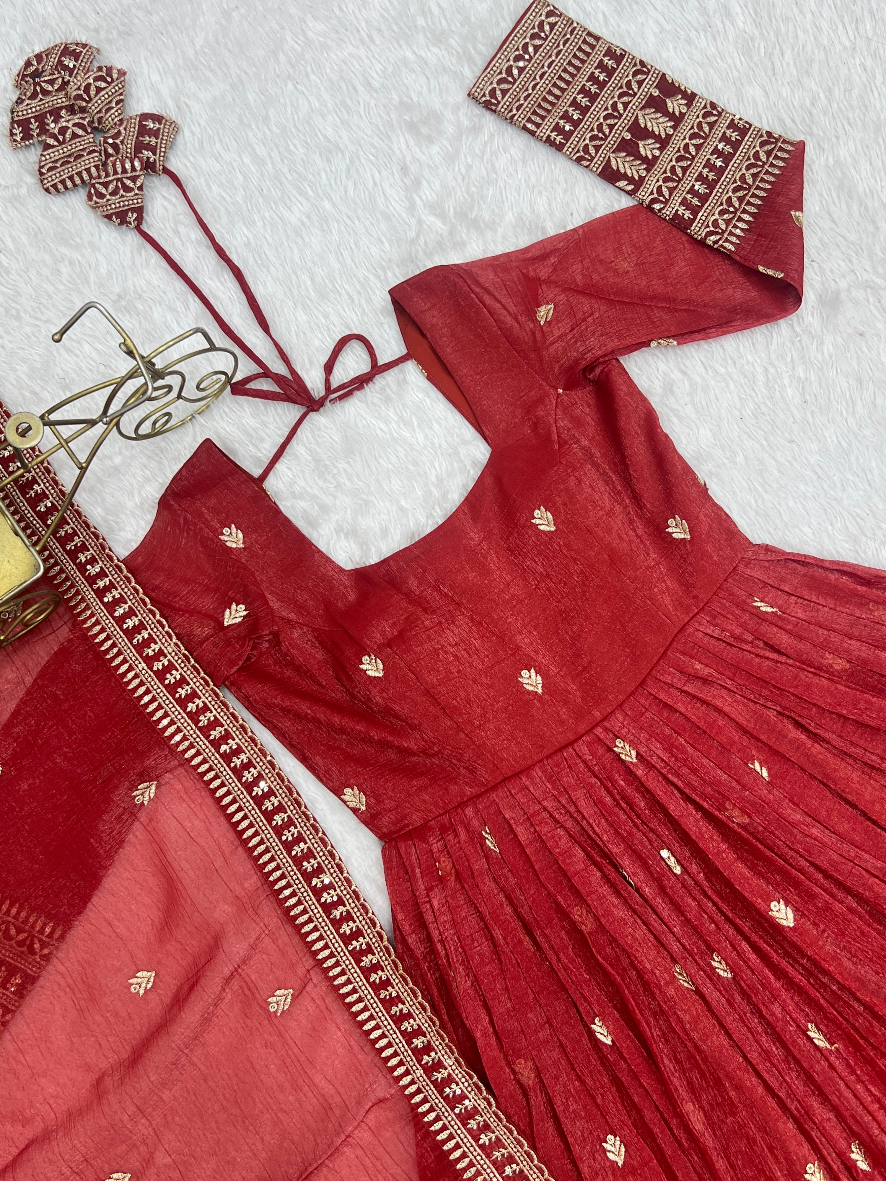 Crunchy Silk Embroidered Gown Set – Rust