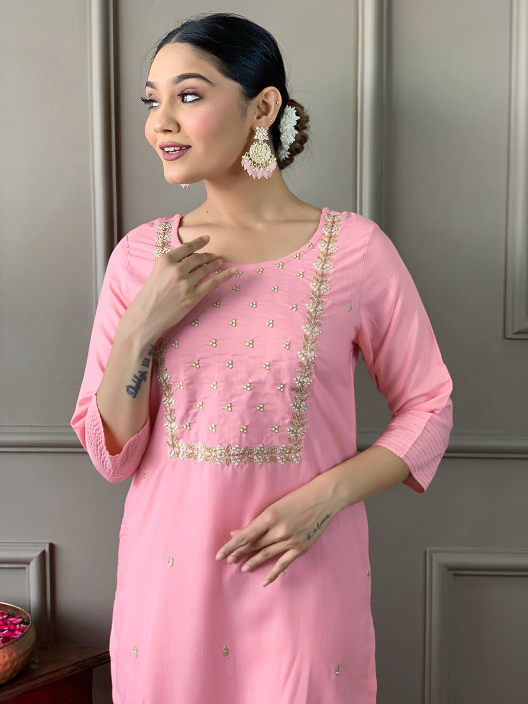 Rayon Slub Embroidered Kurta Pant Dupatta Set – Pink