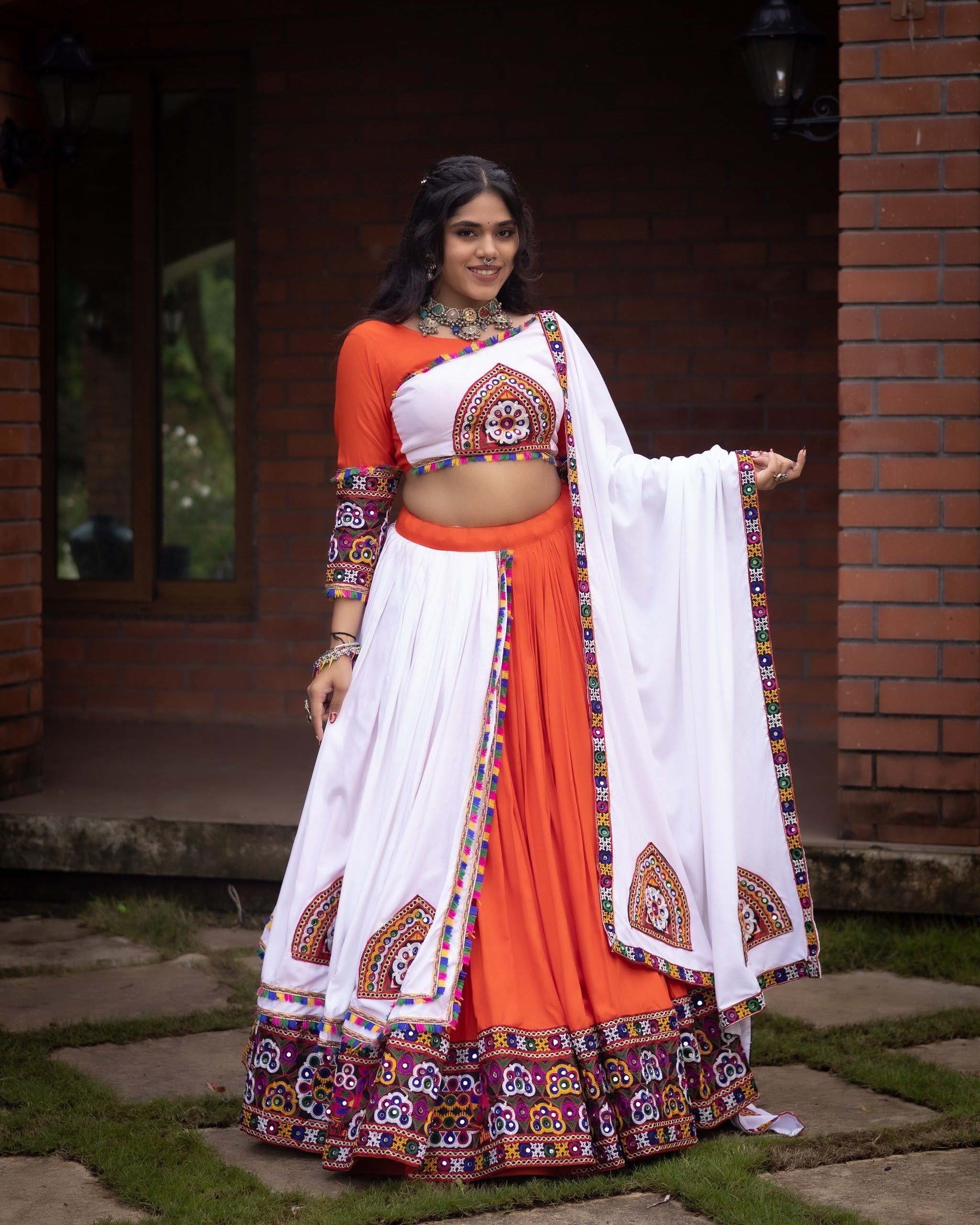 Navratri Orange White Arches Patch Work Lehenga Set