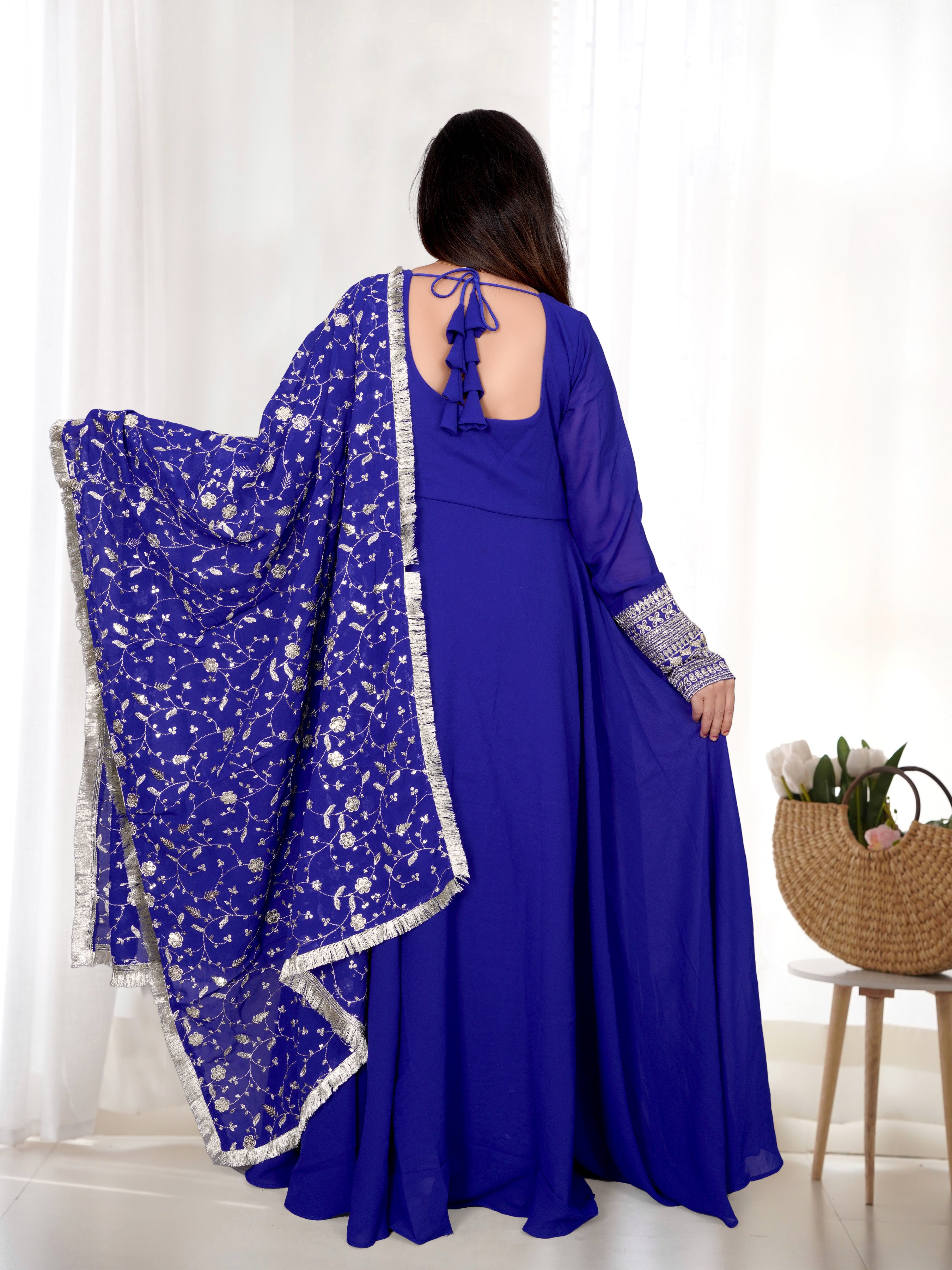 Georgette Embroidered Gown Set – Blue