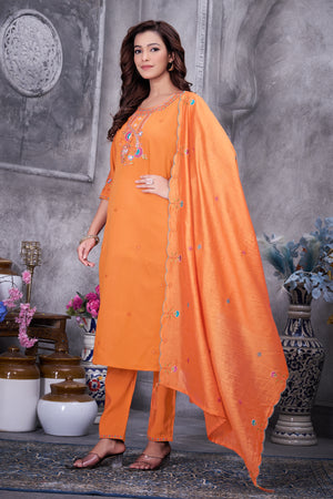 Roman Silk Embroidered Straight Kurti Set – Orange