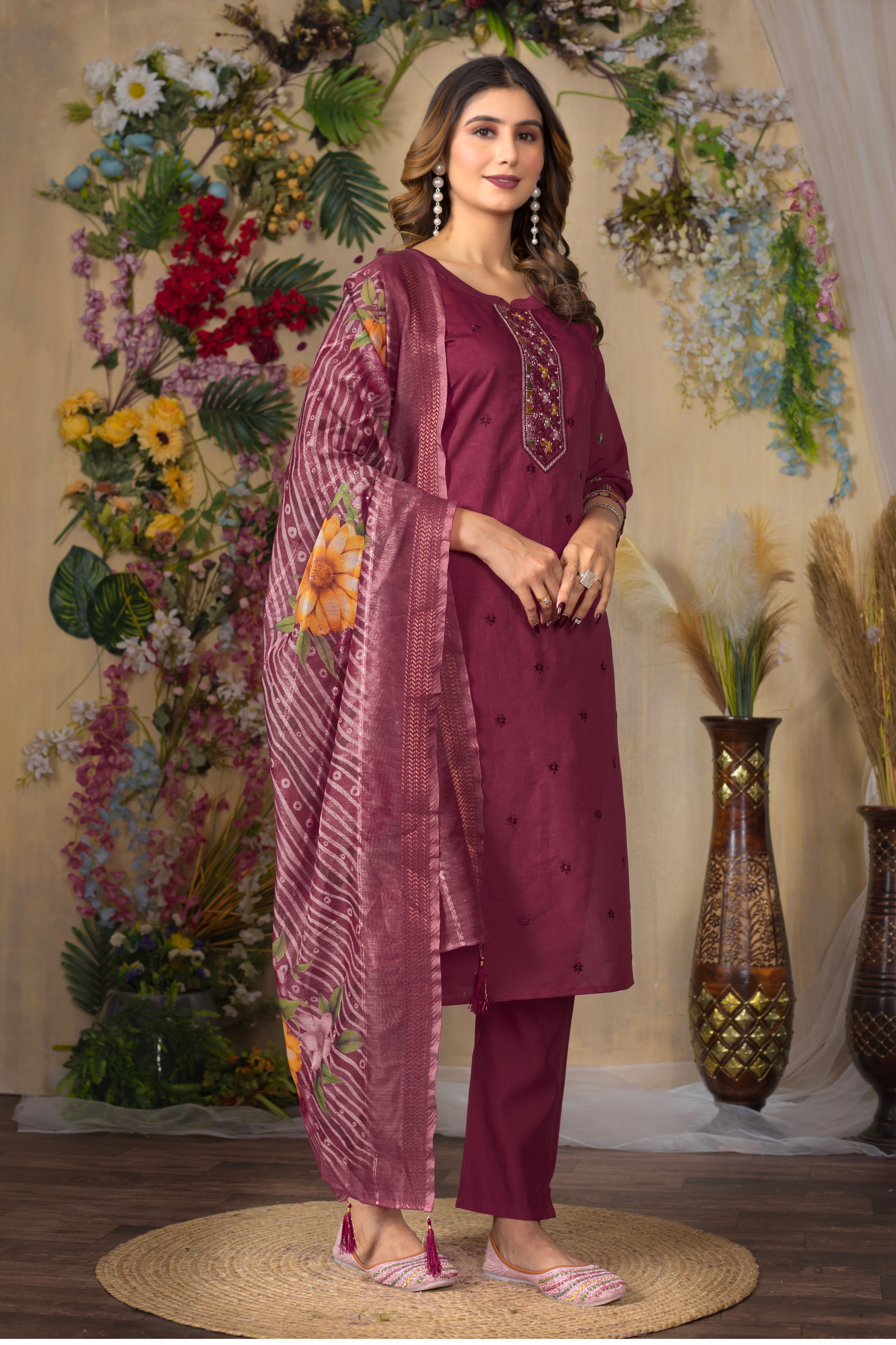 Roman Silk Embroidered Straight Kurti Set – Cerise