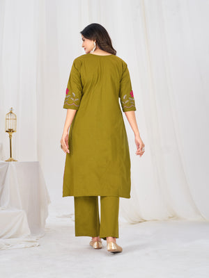 Pure Cotton Embroidered Anarkali Kurti Set – Mahendi