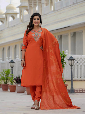 Premium Roman Silk Embroidered Straight Kurti Set – Orange