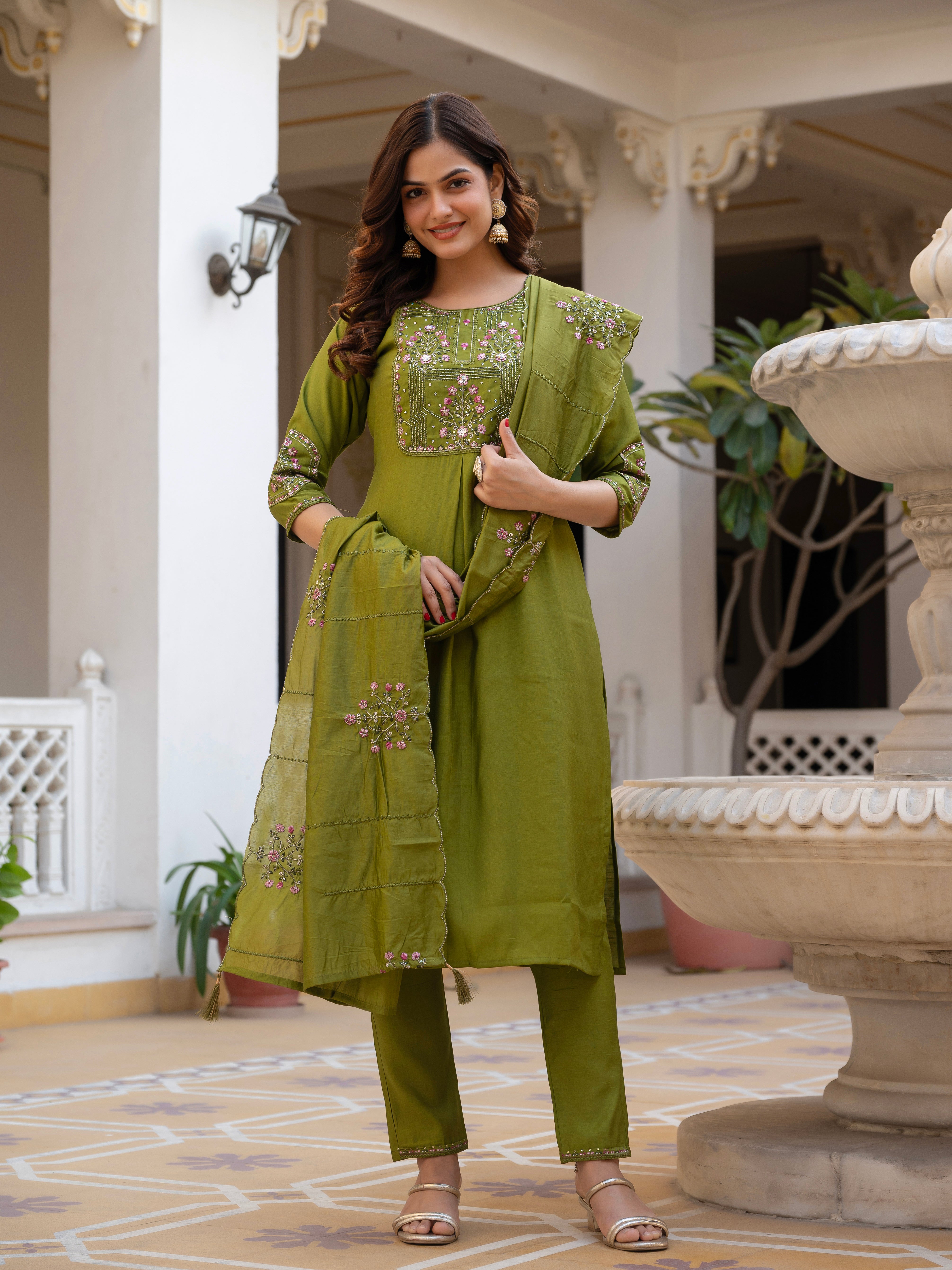 Pure Viscose Mango Silk Embroidered Straight Kurti Set – Mhendi Green