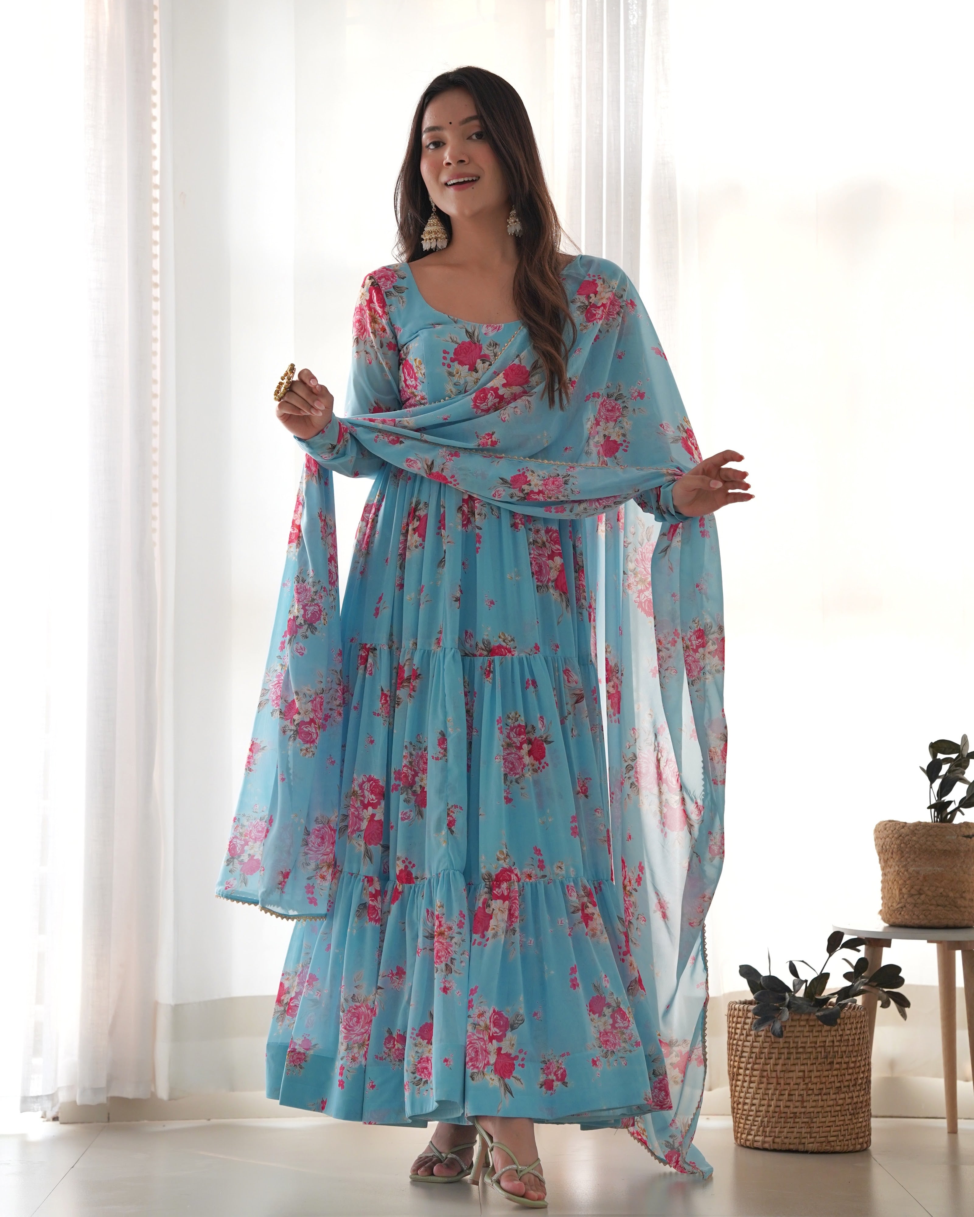 Georgette Printed Anarkali Set – Blue