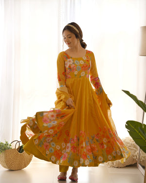Organza Silk Printed Anarkali Set – Yellow