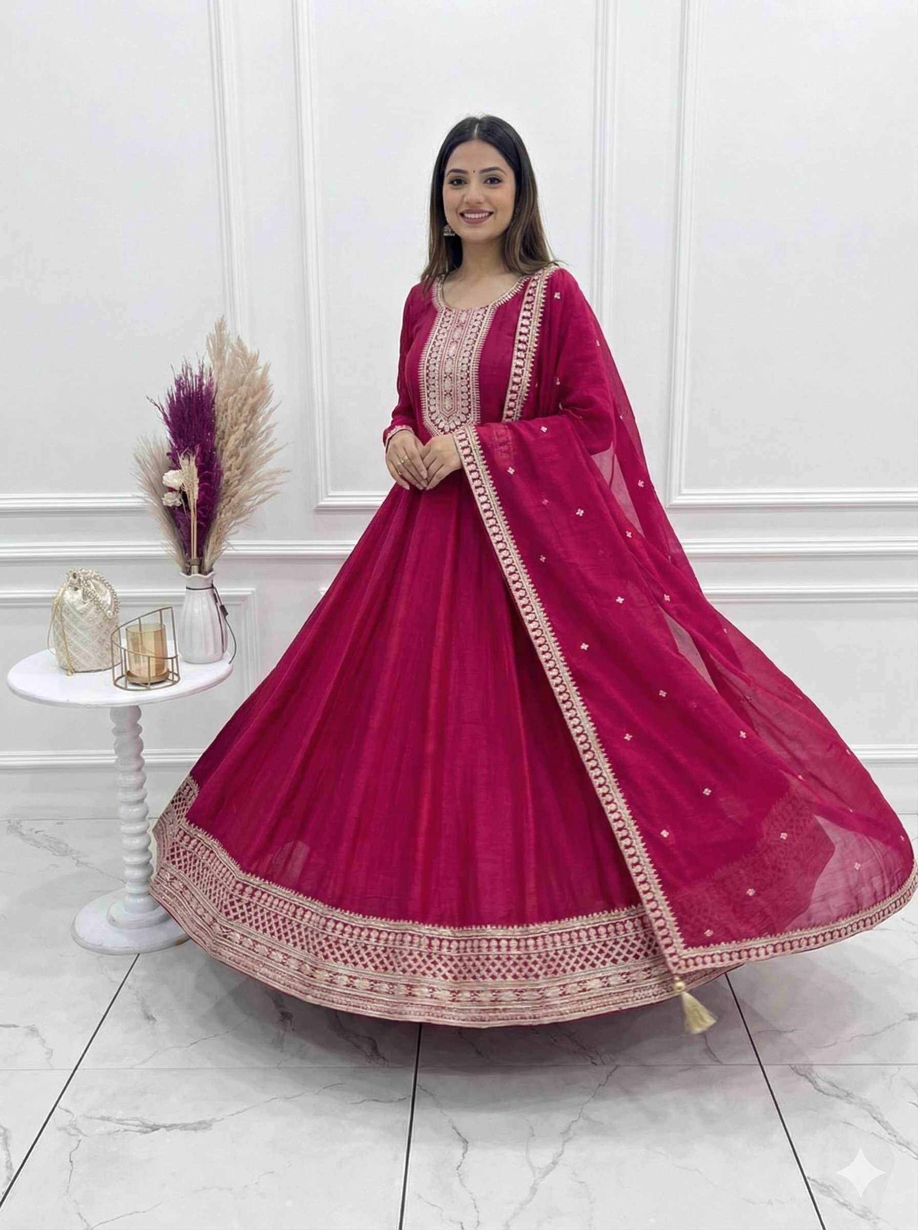 Vichitra Silk Embroidered Gown Set – Dark Pink