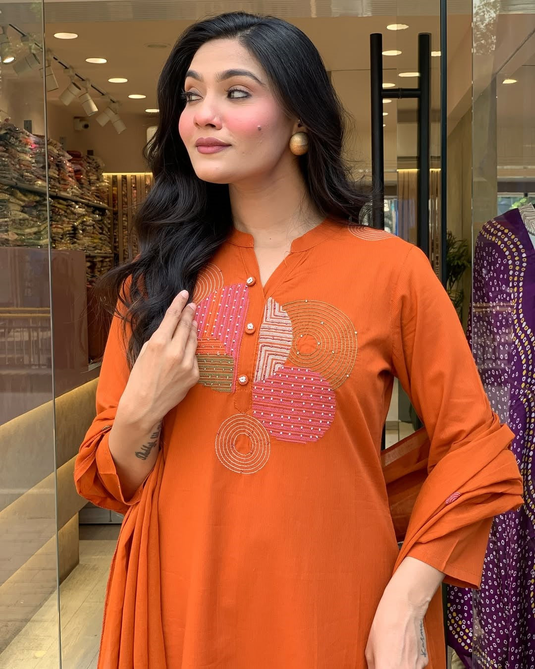 Rayon Slub Embroidered Kurta Pant Dupatta Set – Orange