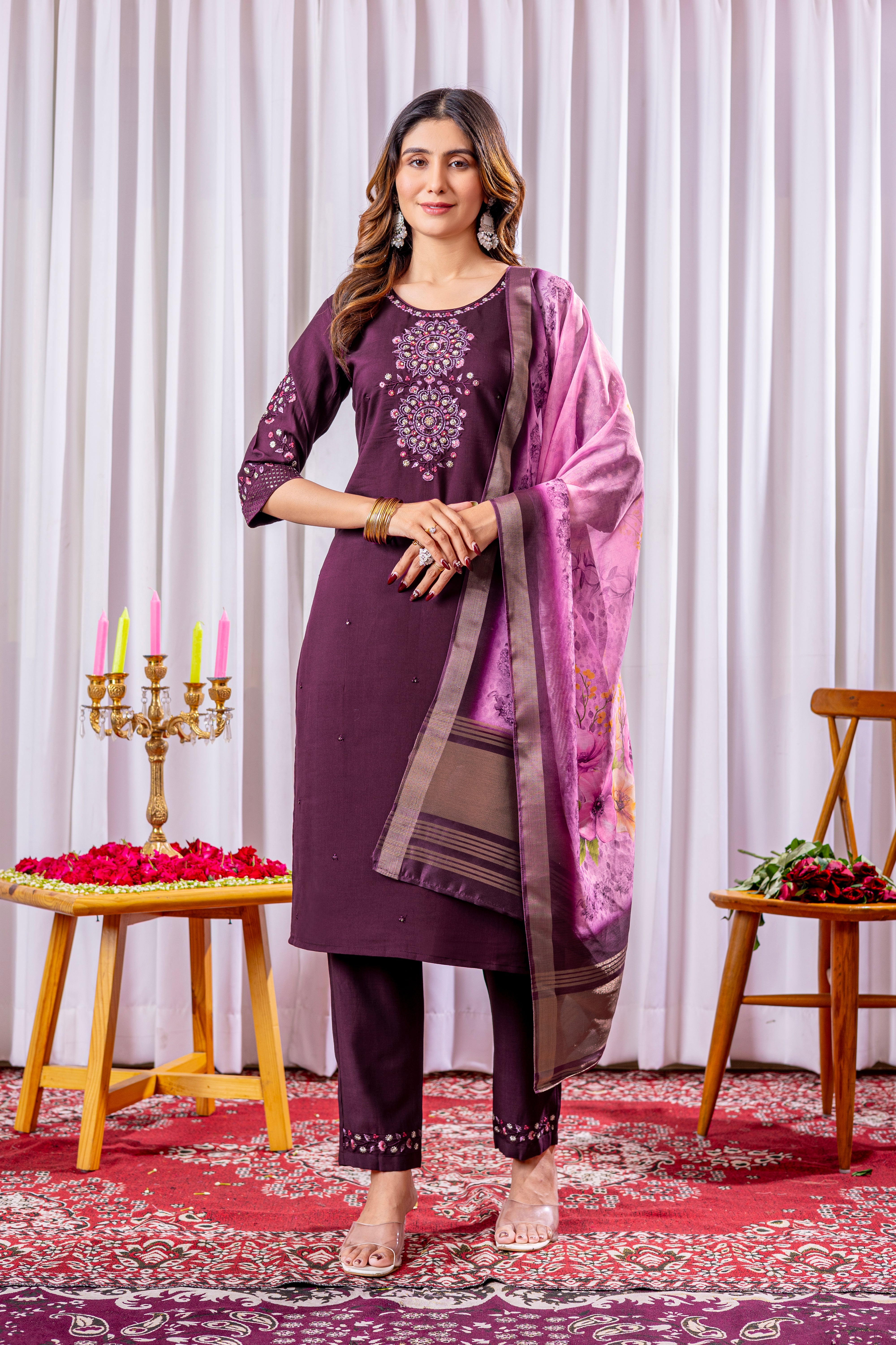 Viscose Silk Embroidered Straight Kurti Set – Wine