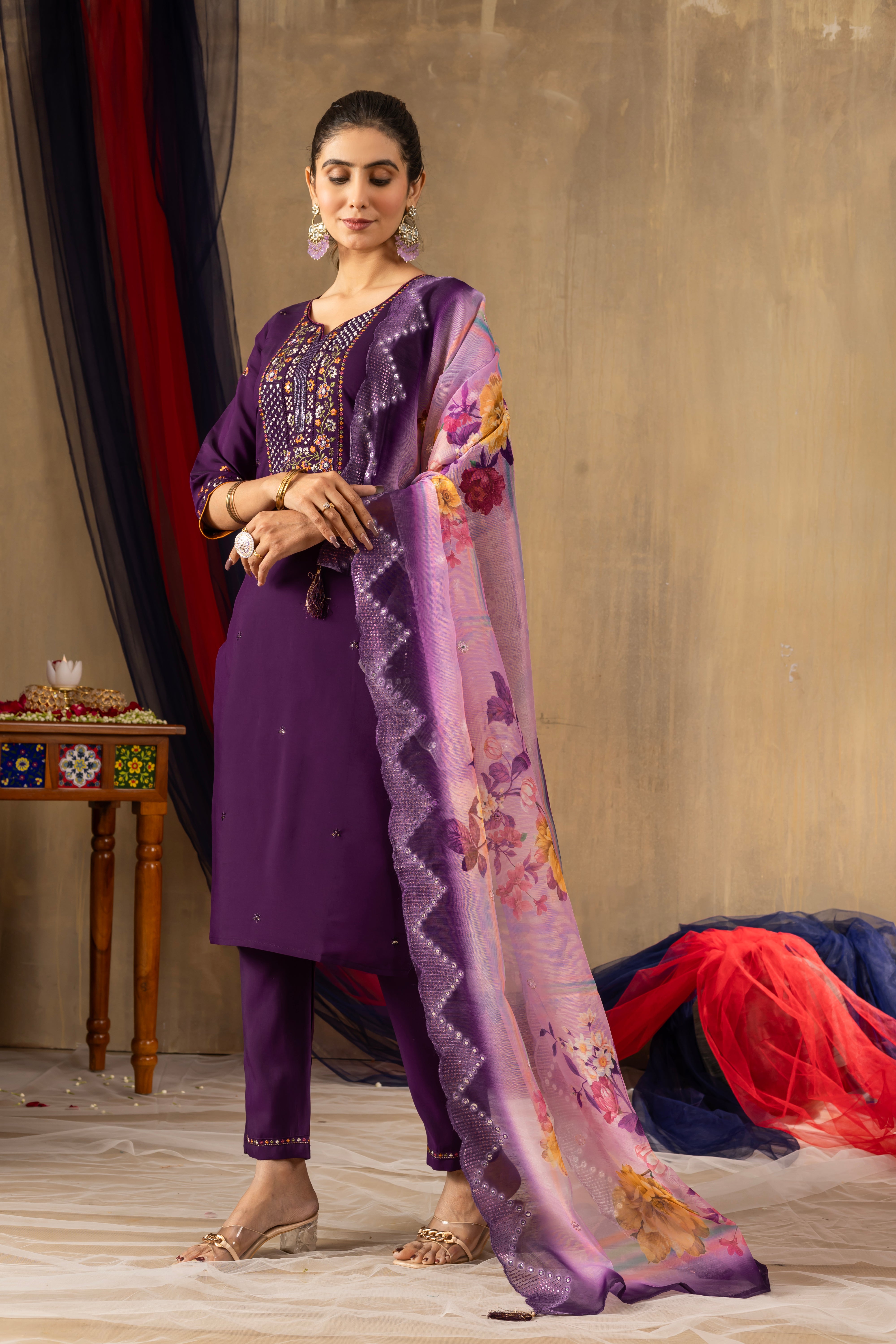 Roman Silk Embroidered Straight Kurti Set – Purple
