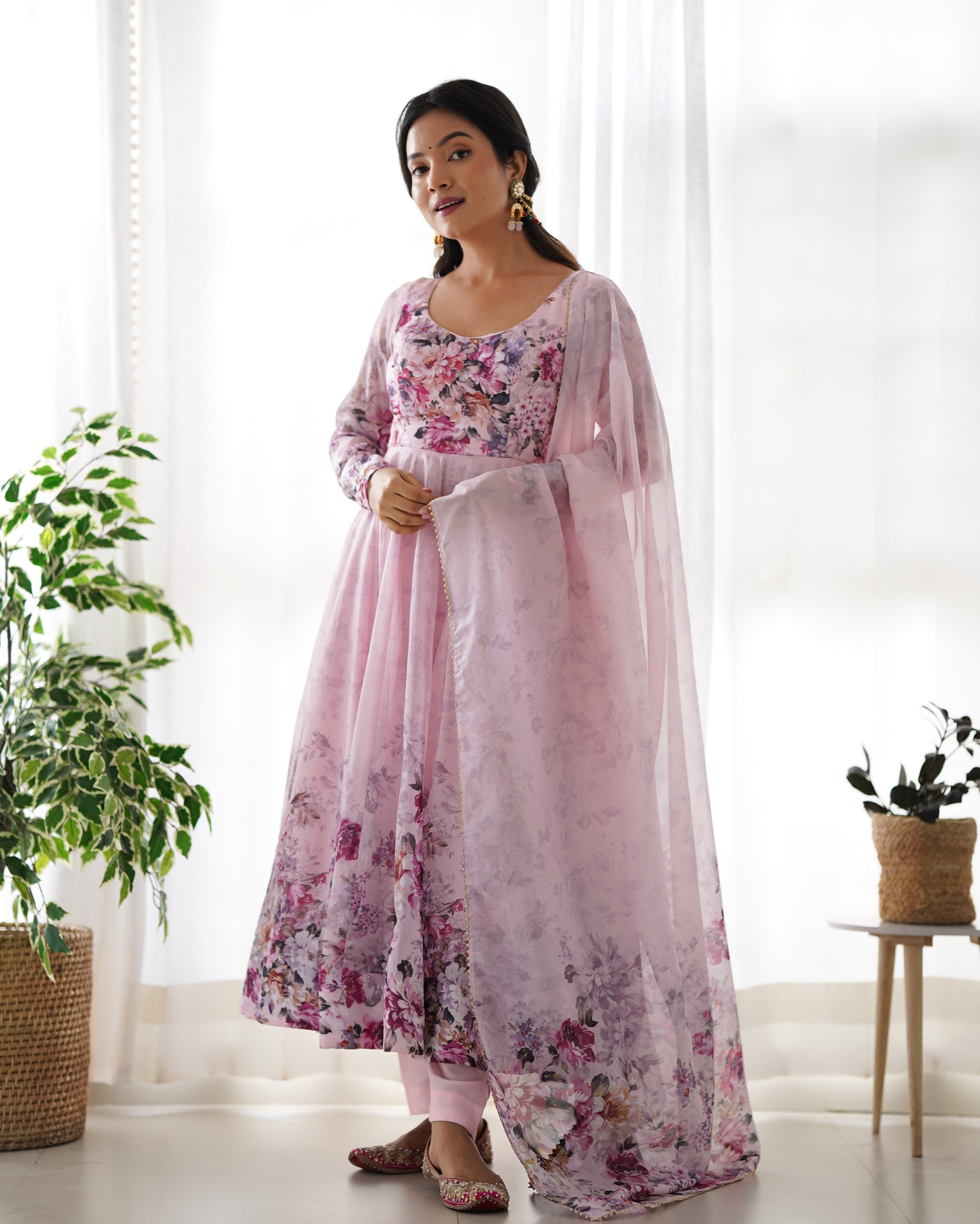 Organza Silk Printed Anarkali Set – Pink