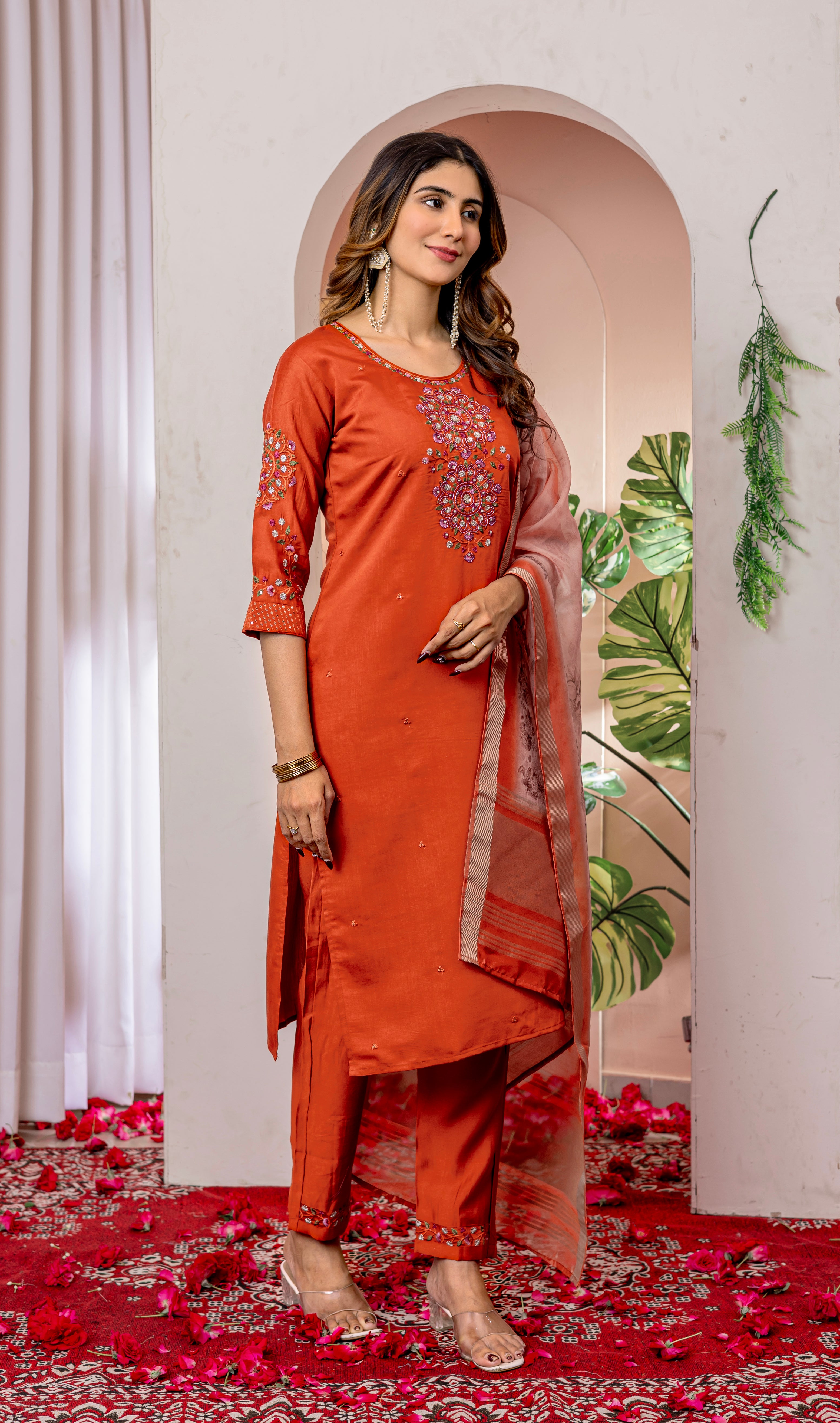 Viscose Silk Embroidered Straight Kurti Set – Orange
