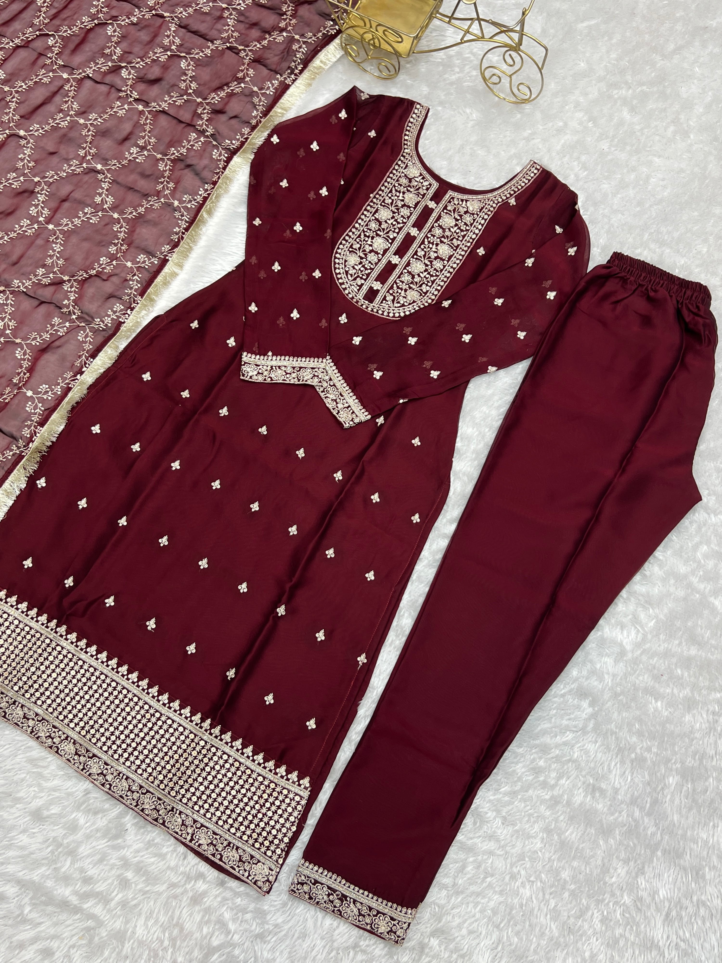 Rangoli Silk Embroidered Straight Kurta Set – Maroon