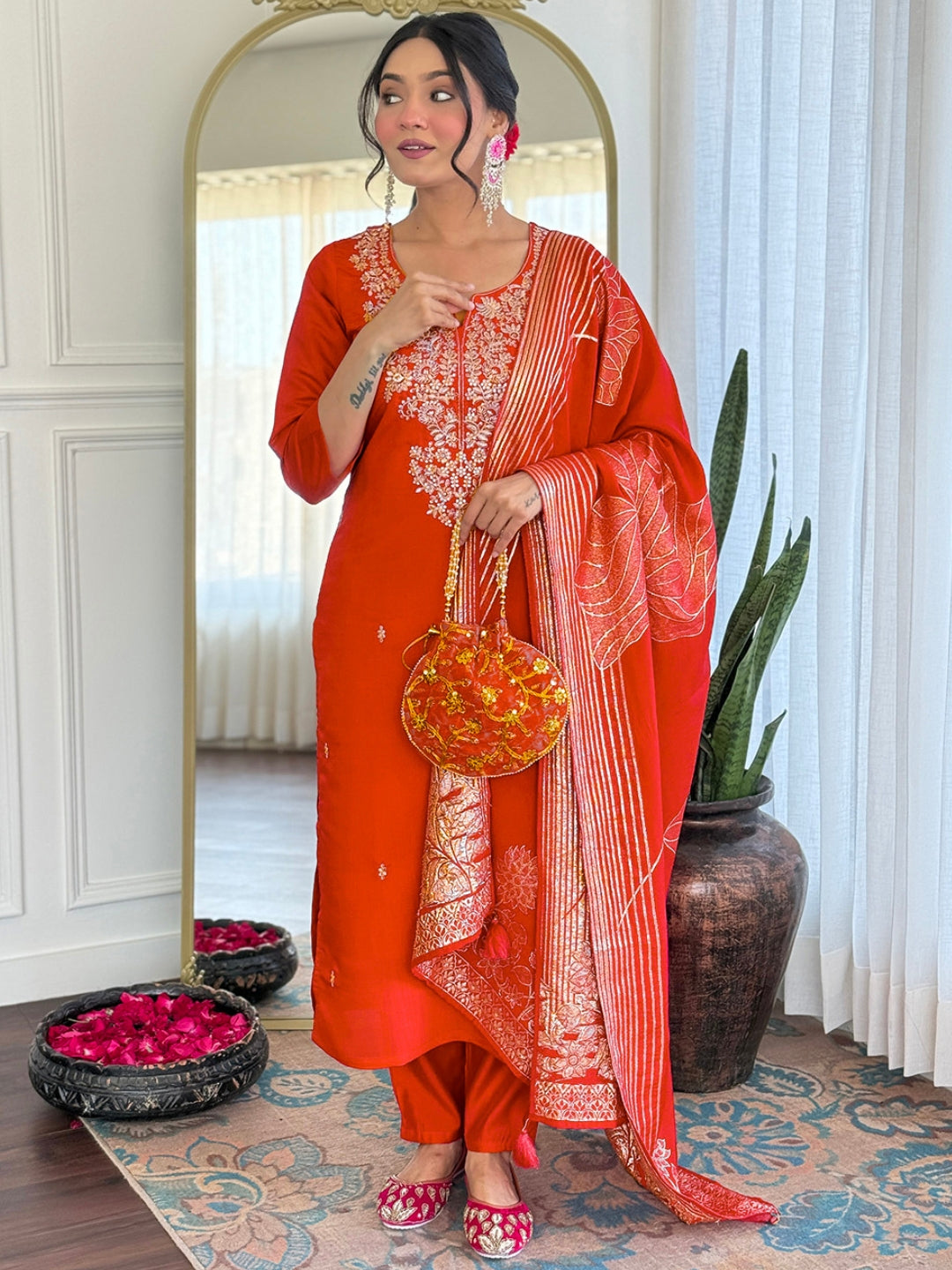Roman Silk Embroidered Kurta Pant Dupatta Set – Rust Orange