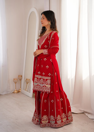 Georgette Embroidered Kurta-Sharara Set – Red