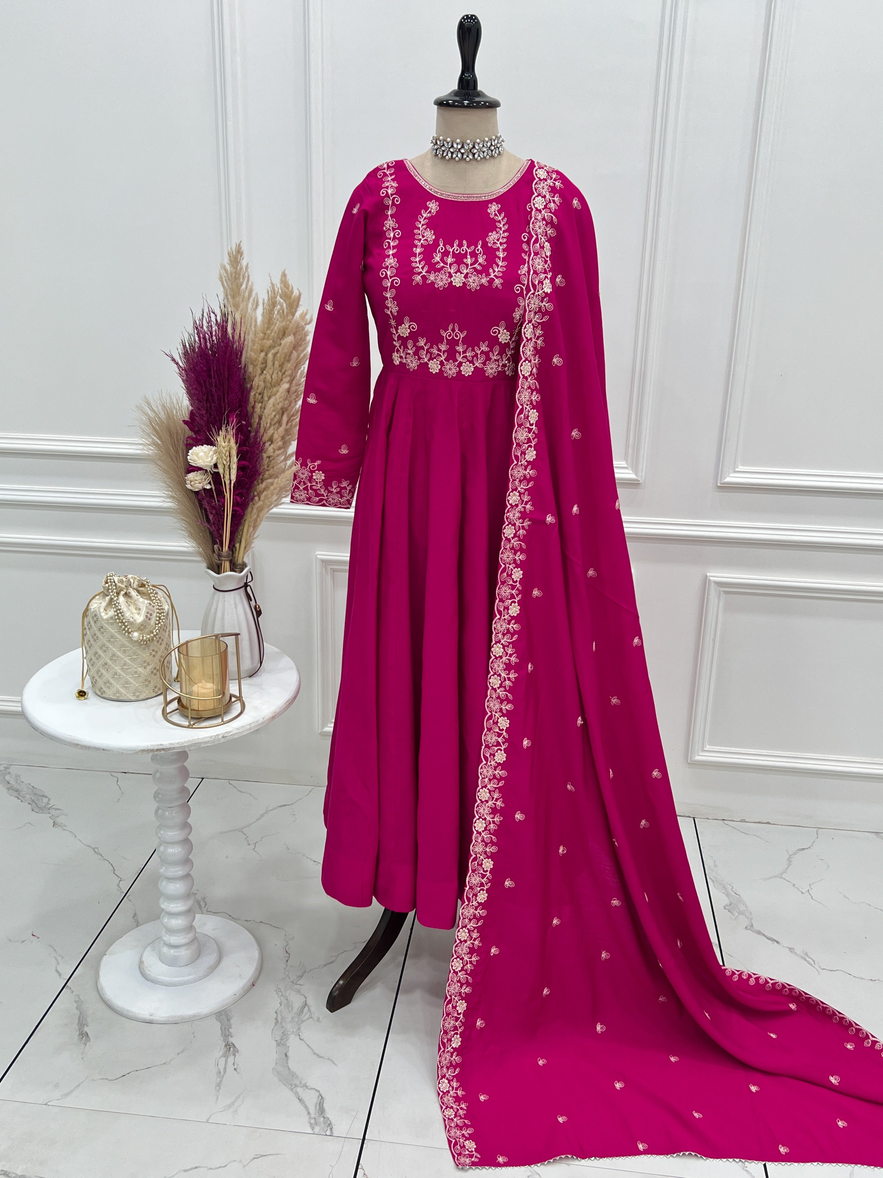 Roman Shimmer Silk Embroidered Anarkali Set – Rani Pink