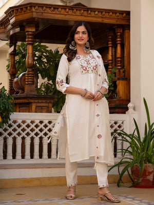 Pure Viscose Mango Silk Embroidered Straight Kurti Set – White