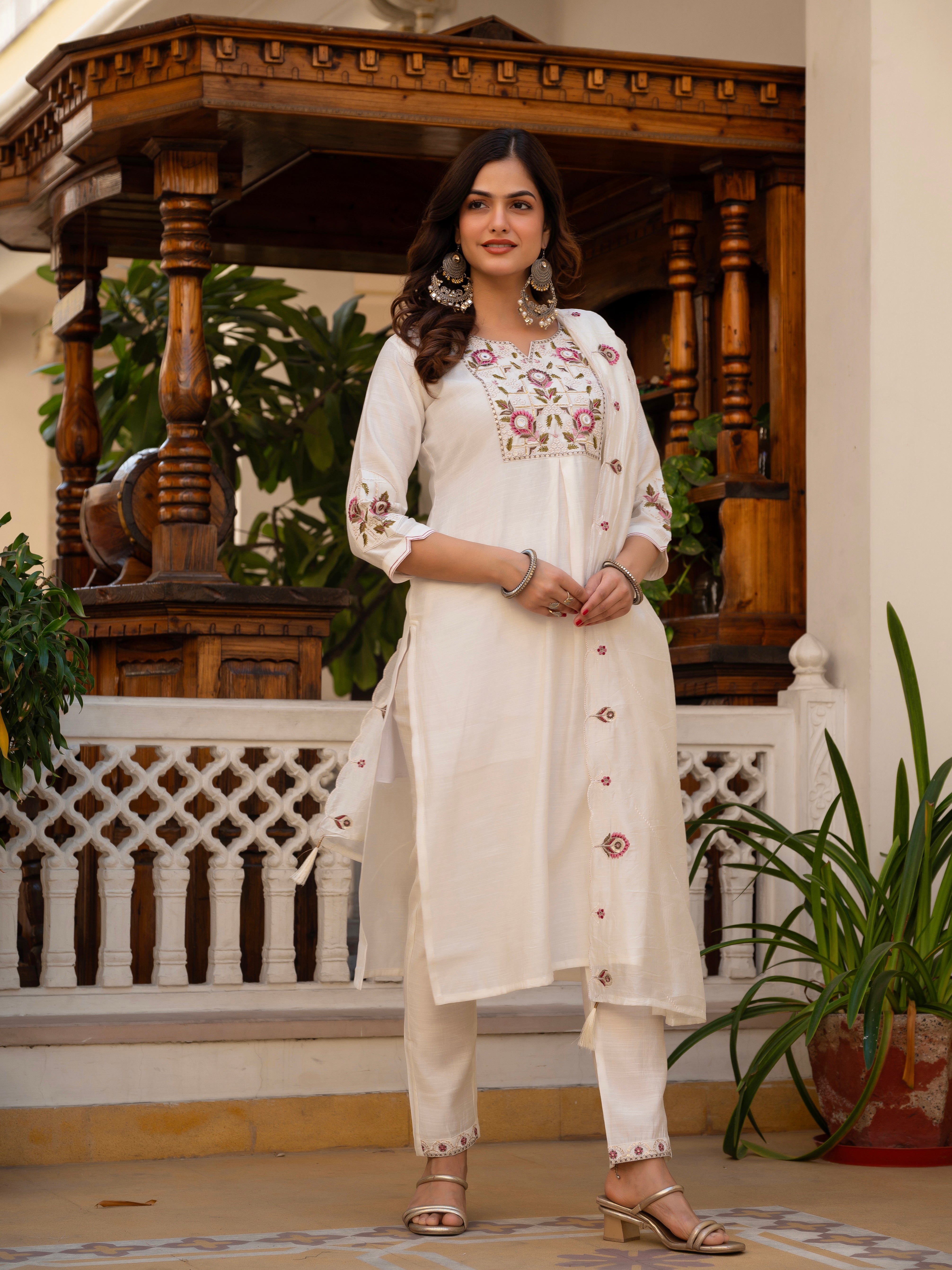Pure Viscose Mango Silk Embroidered Straight Kurti Set – White