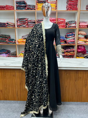 Georgette Embroidered Gown Set – Black