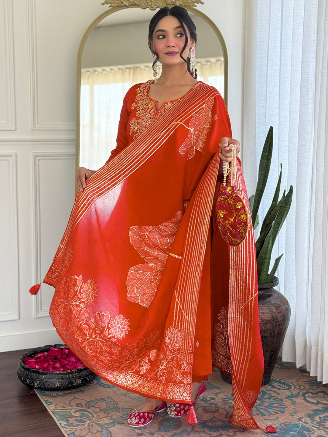 Roman Silk Embroidered Kurta Pant Dupatta Set – Rust Orange