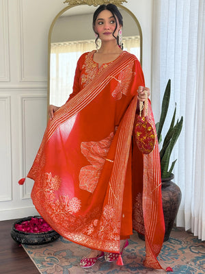 Roman Silk Embroidered Kurta Pant Dupatta Set – Rust Orange