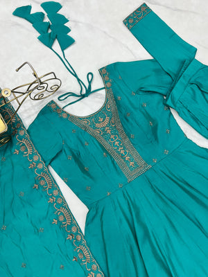Roman Chanderi Silk Embroidered Anarkali Set – Teal Blue
