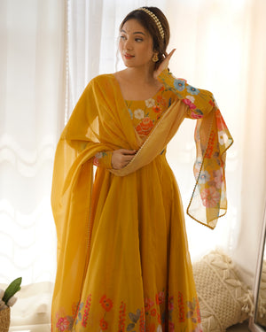 Organza Silk Printed Anarkali Set – Yellow